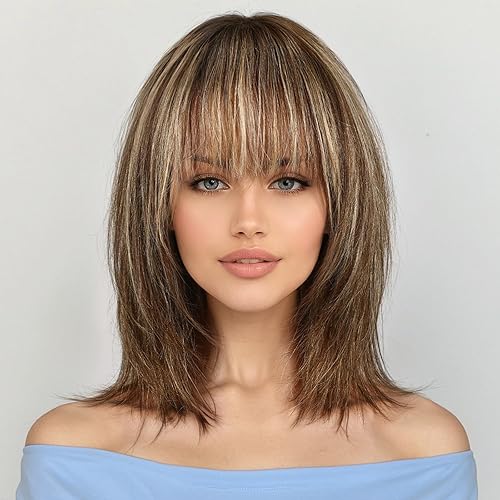 KKU 12 Inch Human Hair Wigs for Women, Remy Human Hair Wigs,Real Hair Wigs, Human Hair Wigs with Bangs