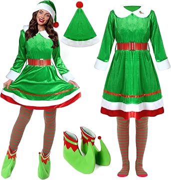 Jinei 6 Pcs Adult Elf Costume for Women Velvet Christmas Elf Cosplay Dress Outfit Santa Helper Elf Shoes Xmas Hat Stockings