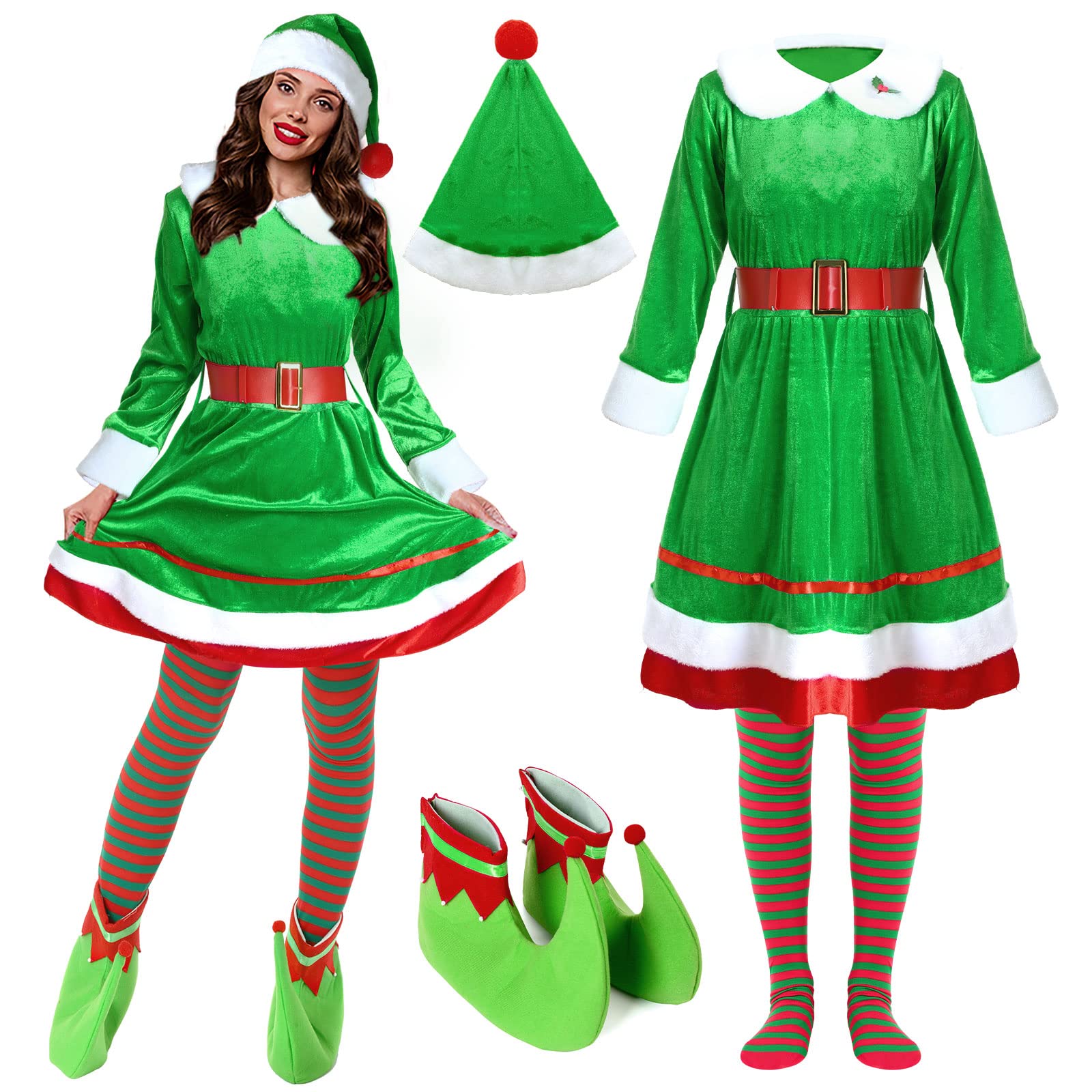 Jinei 6 Pcs Adult Elf Costume for Women Christmas Elf Cosplay Dress Santa Helper Elf Outfit Shoes Xmas Hat Stockings