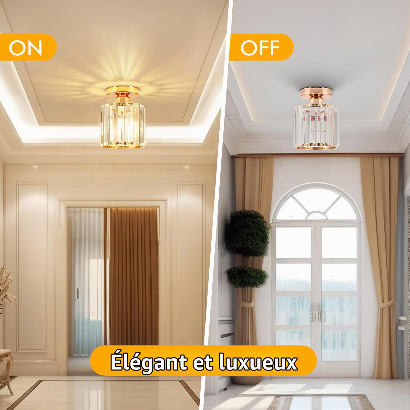 ALLOMN Plafonnier en Cristal Doré Semi-encastré, Lustre à LED Moderne pour Cuisine, Salle à Manger, Couloir, Salle de Bain, Balcon, Porche, Entrée