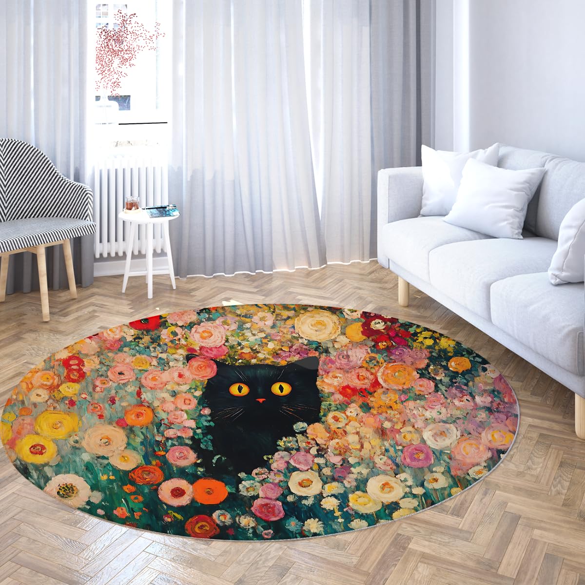 Tapis de sol fleuri pour chambre d'enfant et nurserie avec chat noir mignon