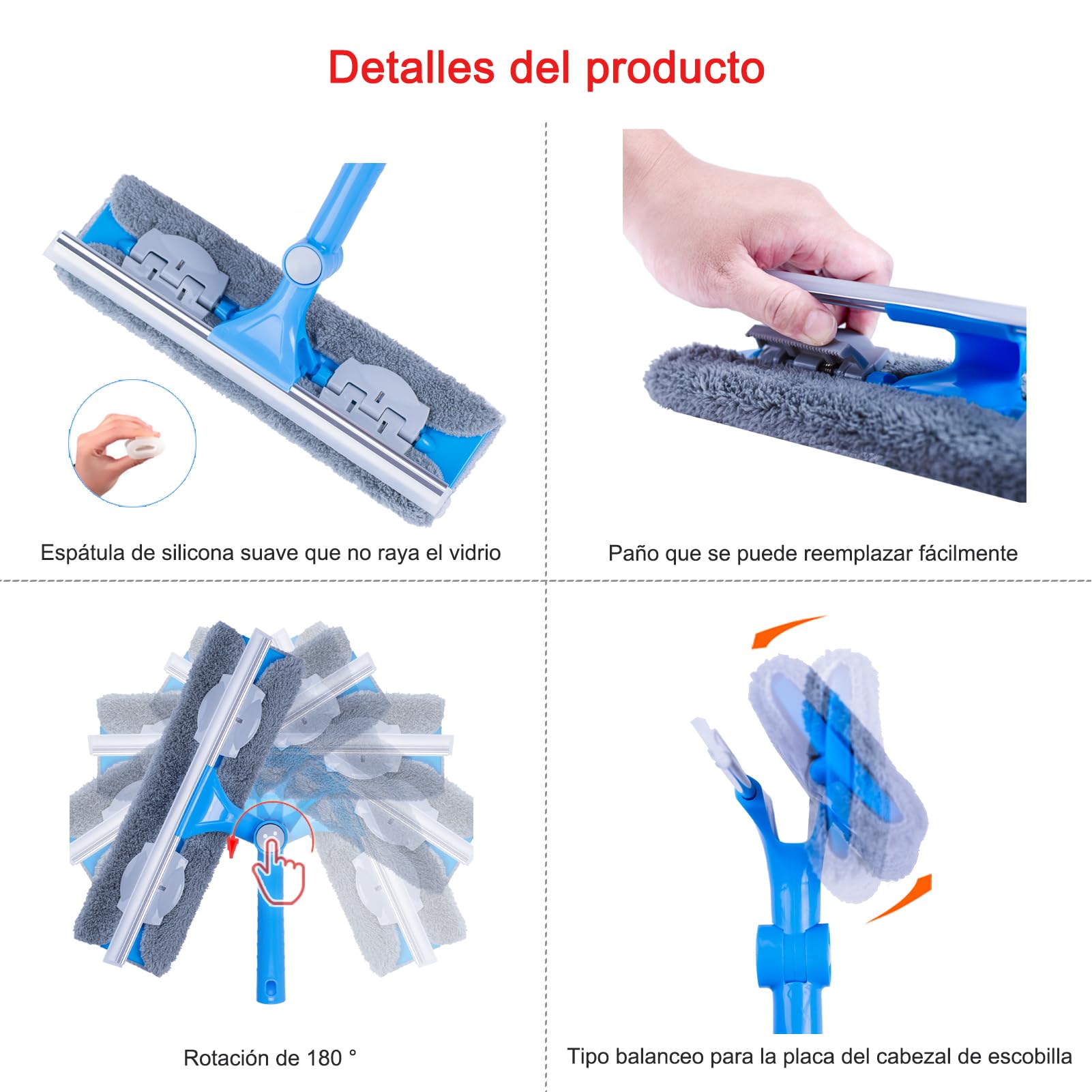Mitclear 3,7m Limpiacristales 3 en 1 de Extensible, Limpiacristales Largo con Palo Telescópico, Cabezal(31cm) Giratorio de 180°, Limpiar Ventanas Vidrio Altas para Interiores/Exteriores