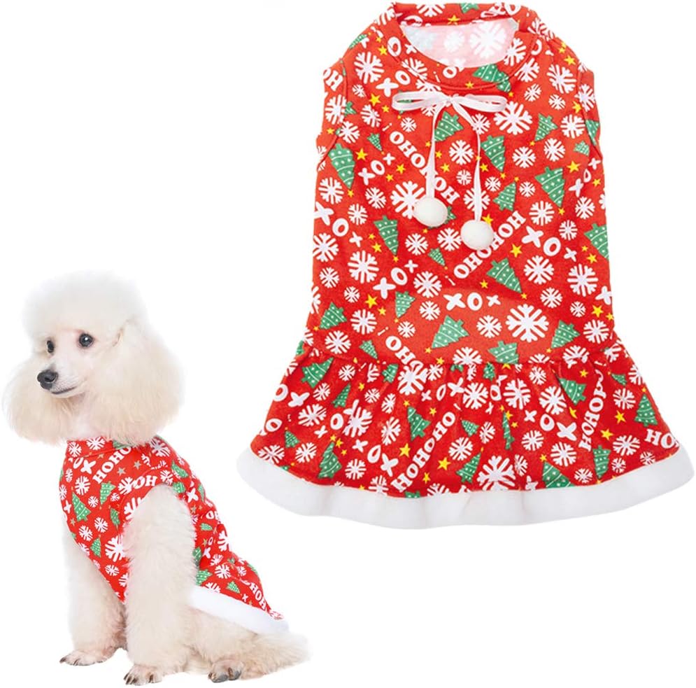 Christmas Dog Dress with Bowtie - Cute Dog Plush Ruffle Dresses Pet Clothes - Red Party Birthday Apparel for Small Medium Dogs Cats