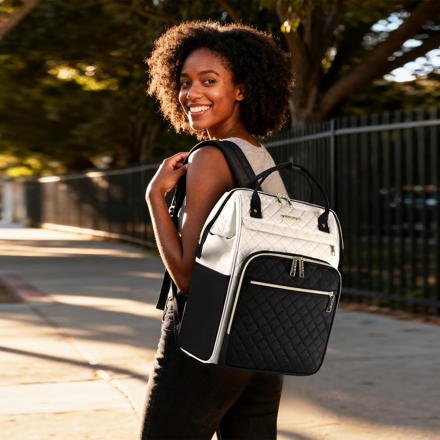 EMPSIGN 17 Inch Laptop Backpack for Women, Work Business Travel Computer College Bags, Large Capacity Water-repellent Quilted Casual Daypack with USB Port, Beige-Black