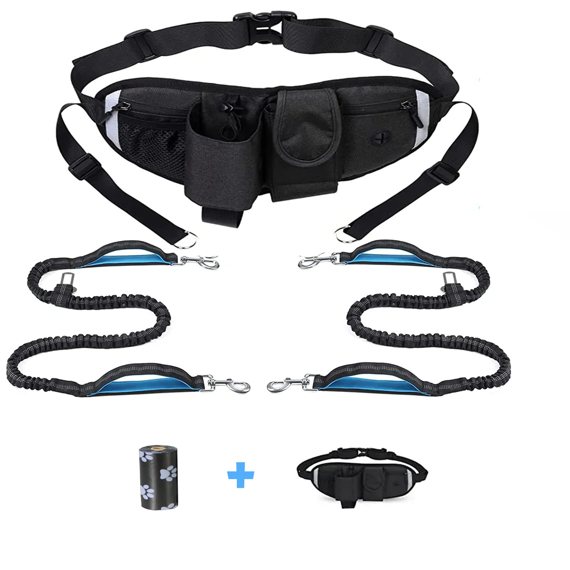 Tobored Correa Doble para Perros. Correa Antitirones Perro para Correr con Costuras Reflectantes y Almacenamiento.Correa Perro Cintura Manos Libres para Pasear Perros Pequeños, Medianos y Grandes.