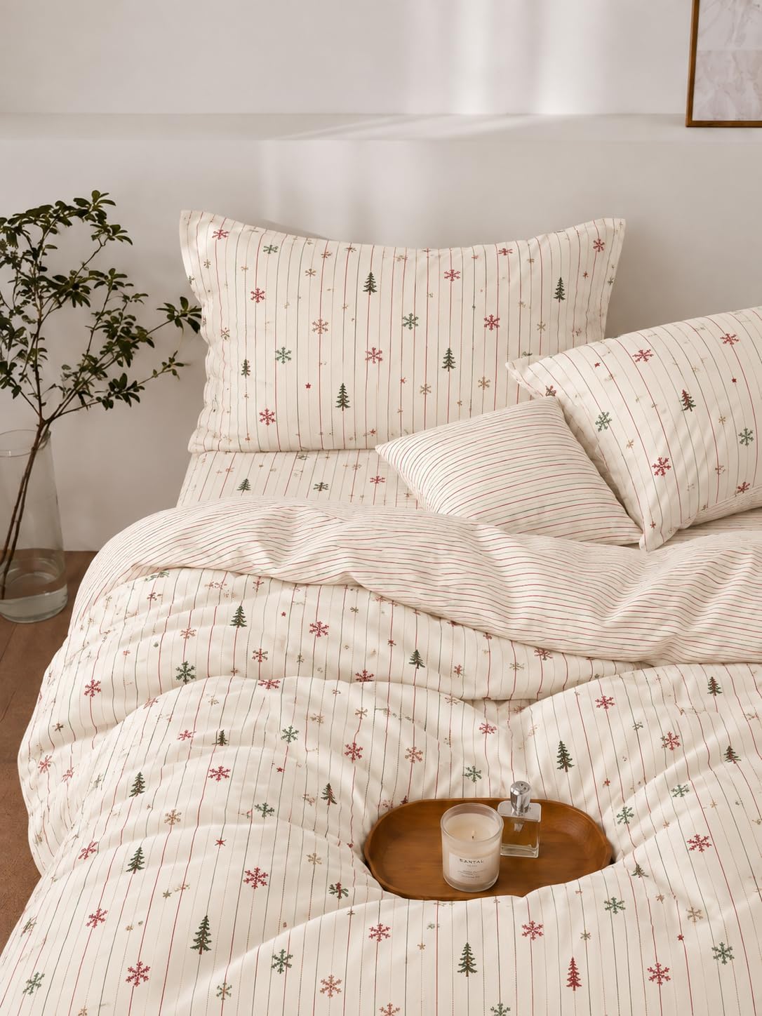 CCoutueChen Christmas Comforter Set Queen, Cream Stripe Tree Bedding, 3Pcs image 3
