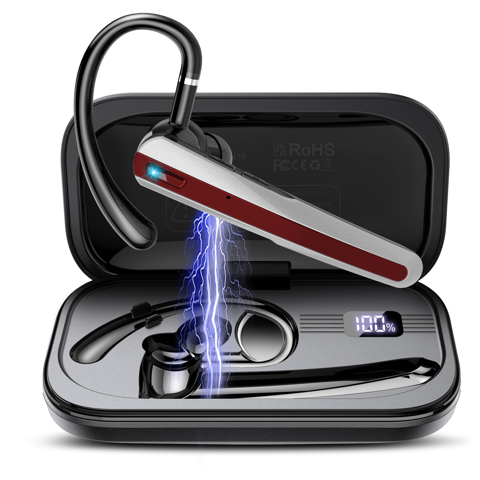 Bluetooth Headset V5.3, Wireless Headset with ENC Noise Canceling Mic, 120Hrs Talk Single-Ear Bluetooth Earpiece, LED Display, IP7 Waterproof Hand-Free Earphone for Business/Trucker/Driver, Red