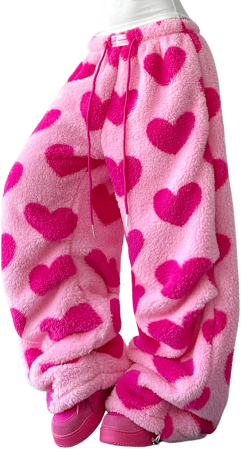 Fuzzy Wide Leg Pants for Women Plush Sherpa Fleece Leopard Print Pants Y2K Streetwear Cheetah Heart Cozy Thermal