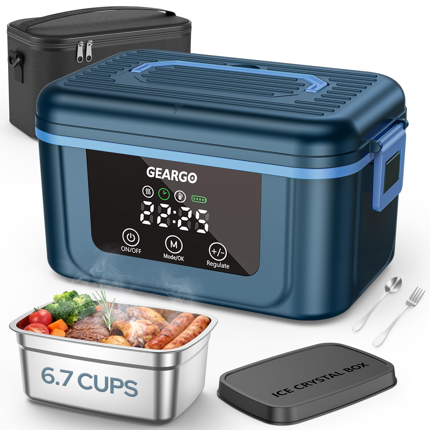 GEARGO Cordless Electric Lunch Box 1 6L 24000mAh Rechargeable Heated Lunch Box with Ice Crystal Box 24 Hours
