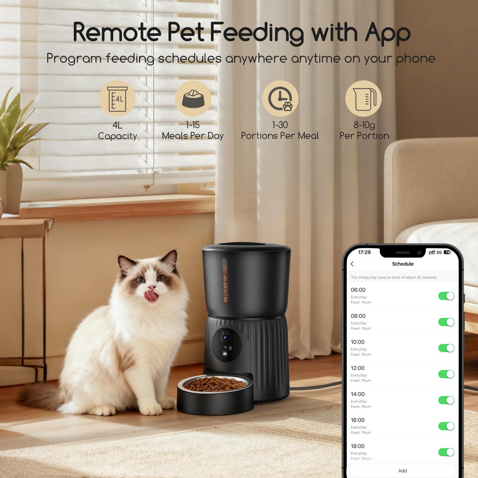 Faroro Distributeur Croquettes Chat Automatique, Caméra HD 1080P avec Vision Nocturne, 5G WiFi Mangeoire pour Chat/Chien avec Audio Bidirectionnel, APP, Caméra Basculante et Double Alimentation