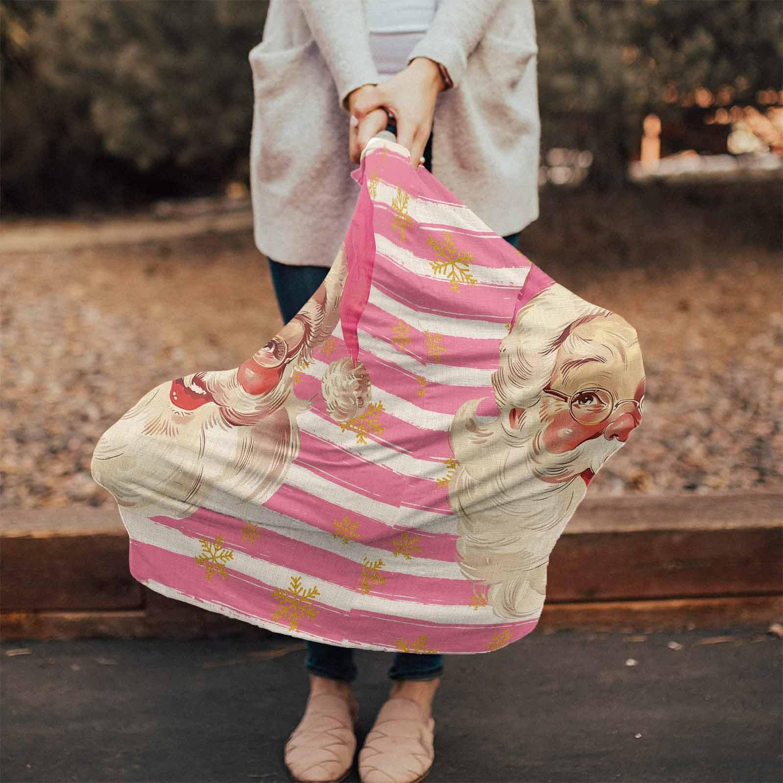 Nursing Cover for Breastfeeding Scarf, Christmas Santa Claus Hand Painted White Pink Strips Baby Car Covers Super Soft Multi Use for Canopy Shopping Cart Cover Blanket Stroller Cover