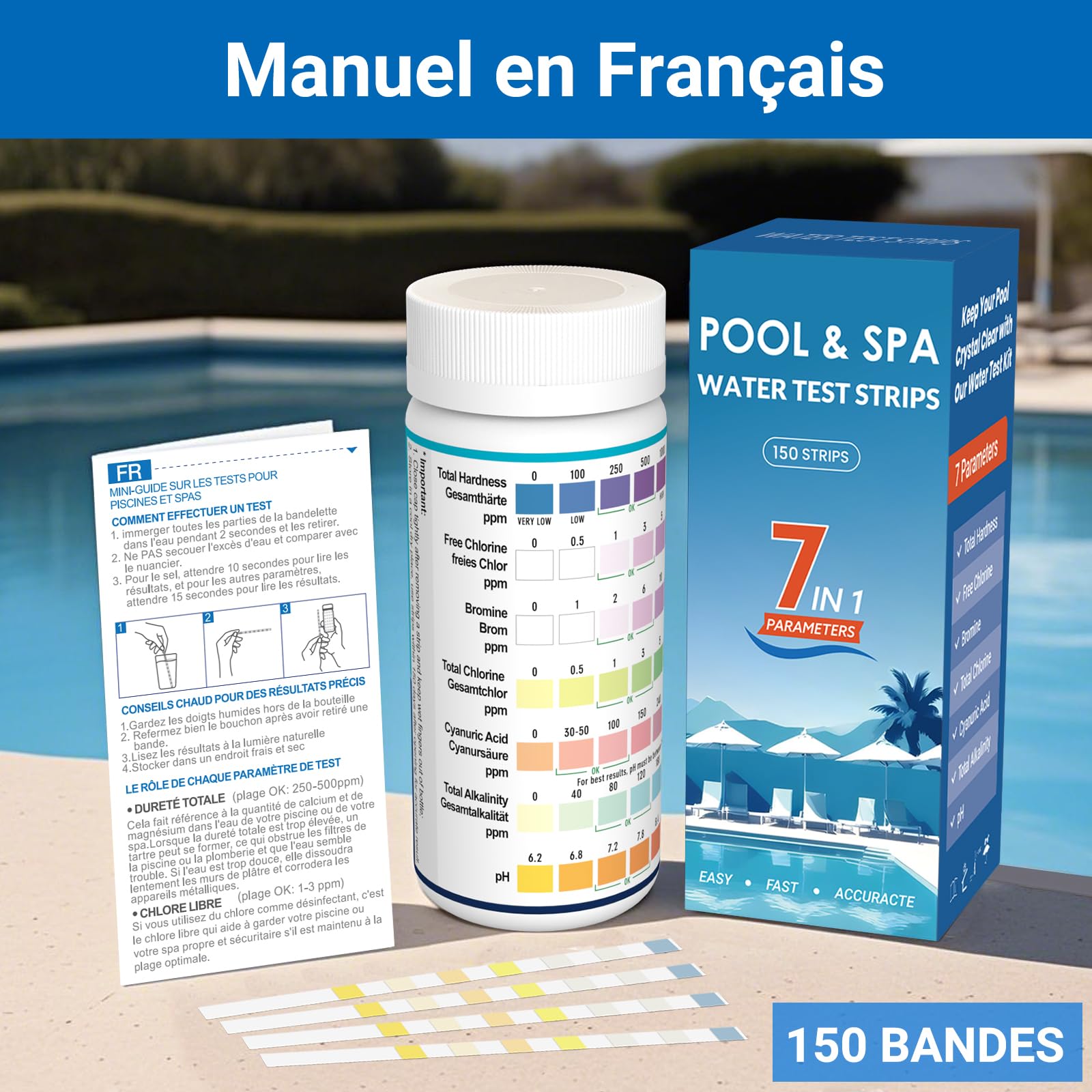 7-en-1 Bandelette Piscine | 150 Bandes | Chlore, PH, TAC, TH, Stabilisant, Brome, Alcalinité, Bandelettes Test Piscine PH et Chlore, Languette Piscine pour Spa et Jacuzzi