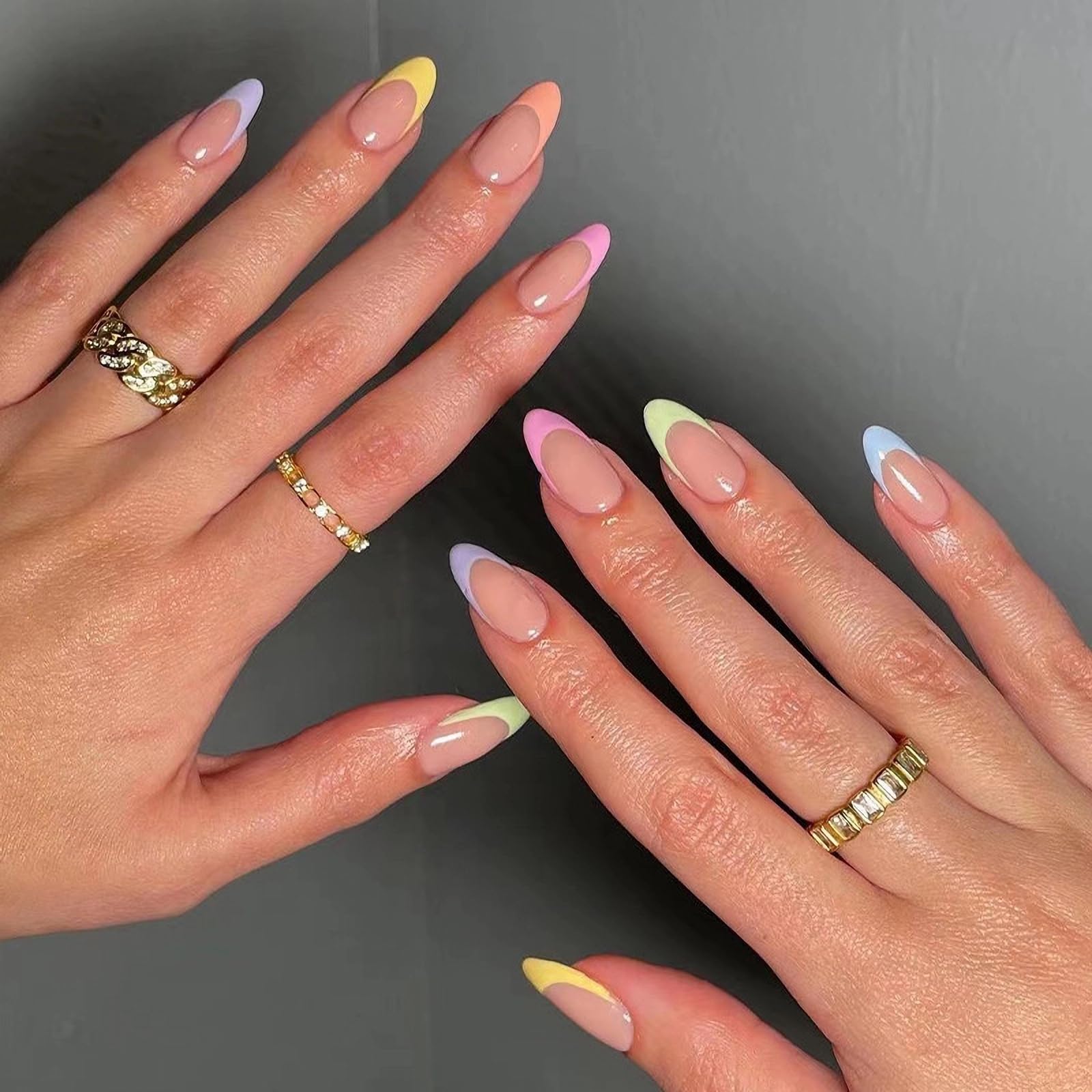 MISUD Press on Nails - Short Oval Fake Nails with Colorful French Tip, Acrylic Summer Design 24 pcs