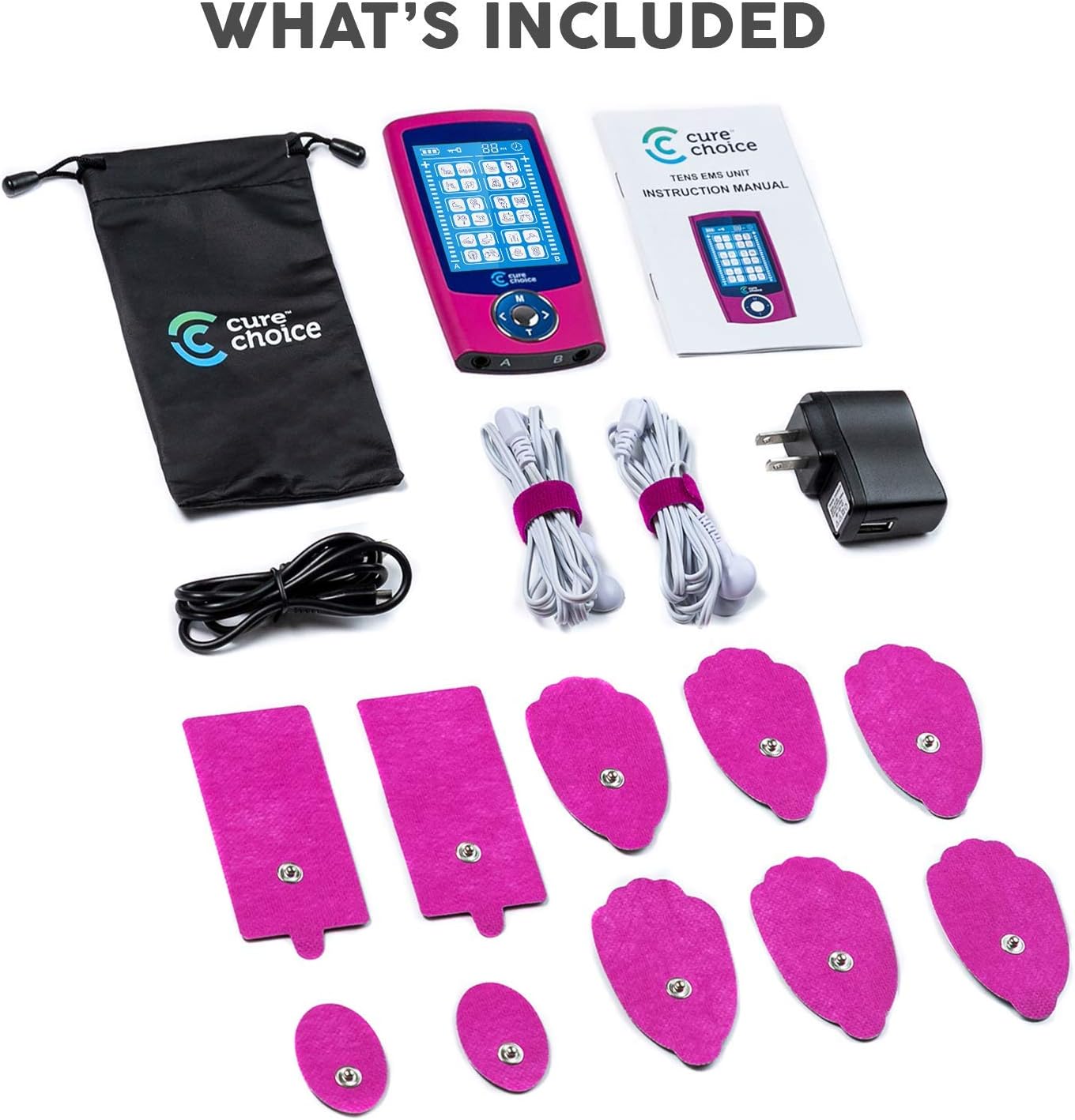Cure Choice® Dual Channel TENS + EMS Unit 24 Modes Unit Muscle Stimulator, Pulse Massager with 10 Electrode Pads + Storage Pouch for Muscle Pain Relief (Hot Pink)