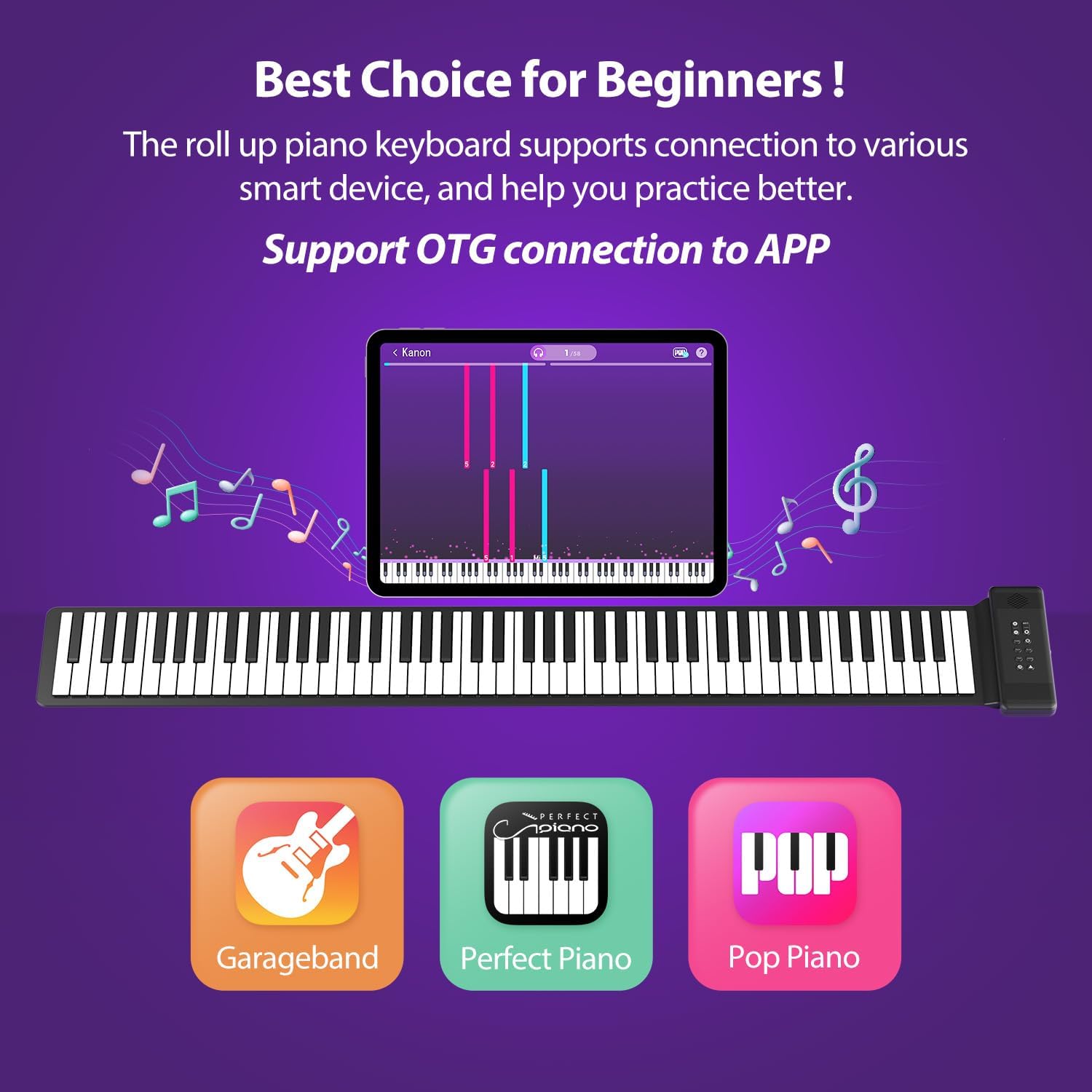MARVTOWN 88-Key Roll-Up Piano connected to a tablet displaying a piano learning application.