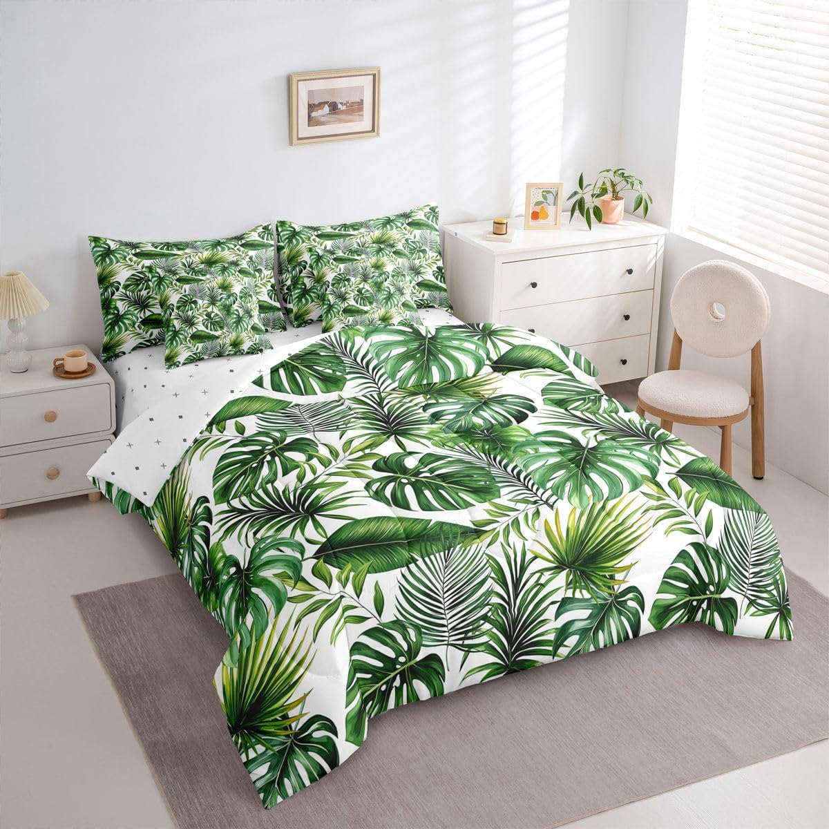 Erosebridal Palm Leaves Comforter Set Hawaiian Bed in A Bag Queen Size 7 Pieces Monstera Banana Leaves Bed Set Room Decor Summer Tropical Bedding with Sheets