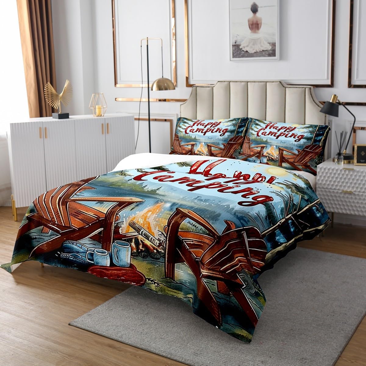 Happy Camping Bedspread Set Queen Size for Kids,Boys Girls Camper Quilt Set Pine Bonfire Bedspread Coverlet Go Fishing Bedspread 3 Piece Decorative Bedding Quilted with 2 Pillow Shams