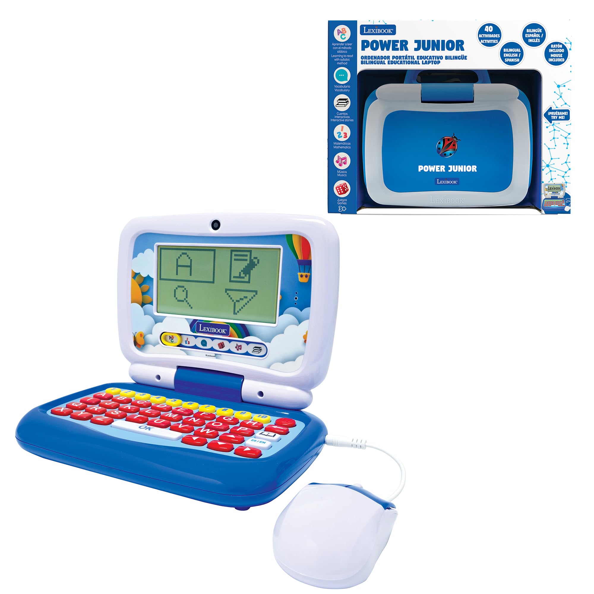 LEXIBOOK, Power Junior, Bilingual Educational Laptop ENGLISH/SPANISH with 40 activities including a new way to learn how to read and count, JC398i2