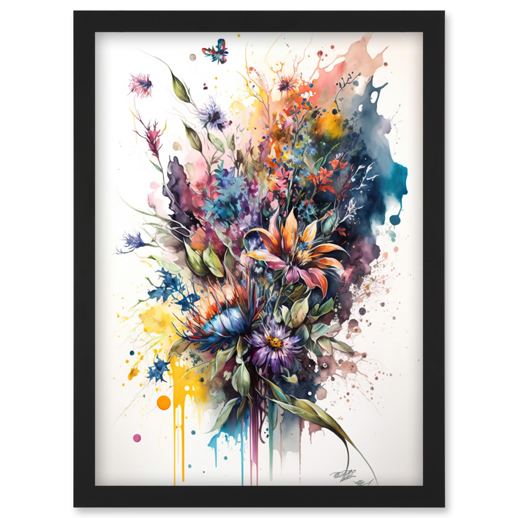Flower Bouquet Illustration over Watercolour Splat Framed Art Picture Print A4