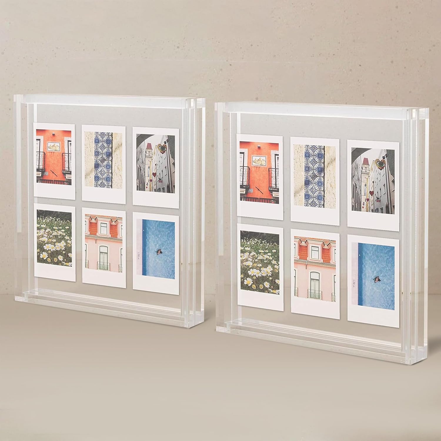 5x7 Clear Acrylic Picture Frame Pack of 2 – Floating Polaroid Fujifilm Instax Display 8.3" x 7.6" Holds 5x7 Photo or 6 Instax Mini Polaroid Go Prints Double-Sided Collage for Desk Wedding Anniversary