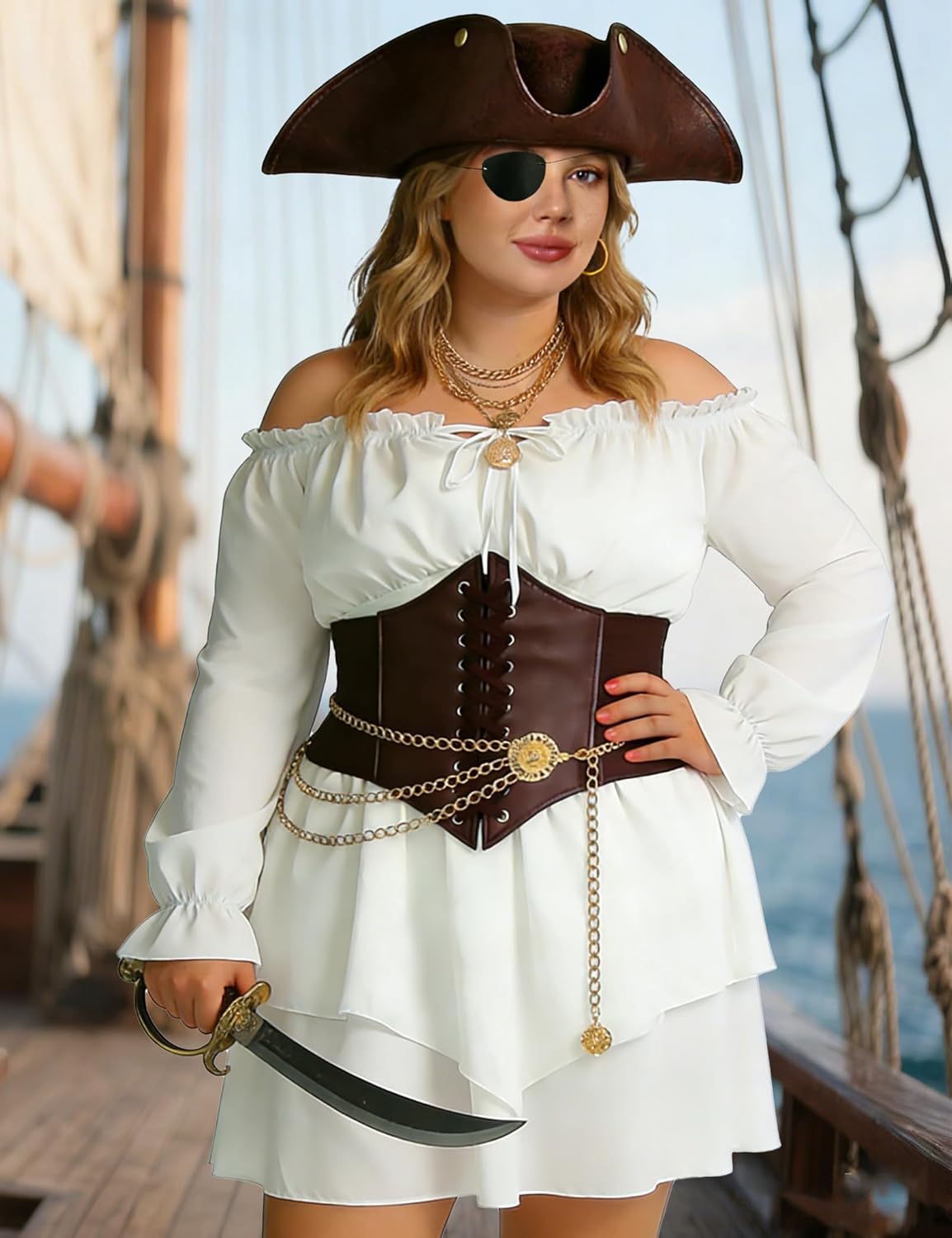Vermeyen Pirate Costume Off Shoulder Dress Outfit with Pirate Hat Corset Necklace Bandana Headscarf Accessories