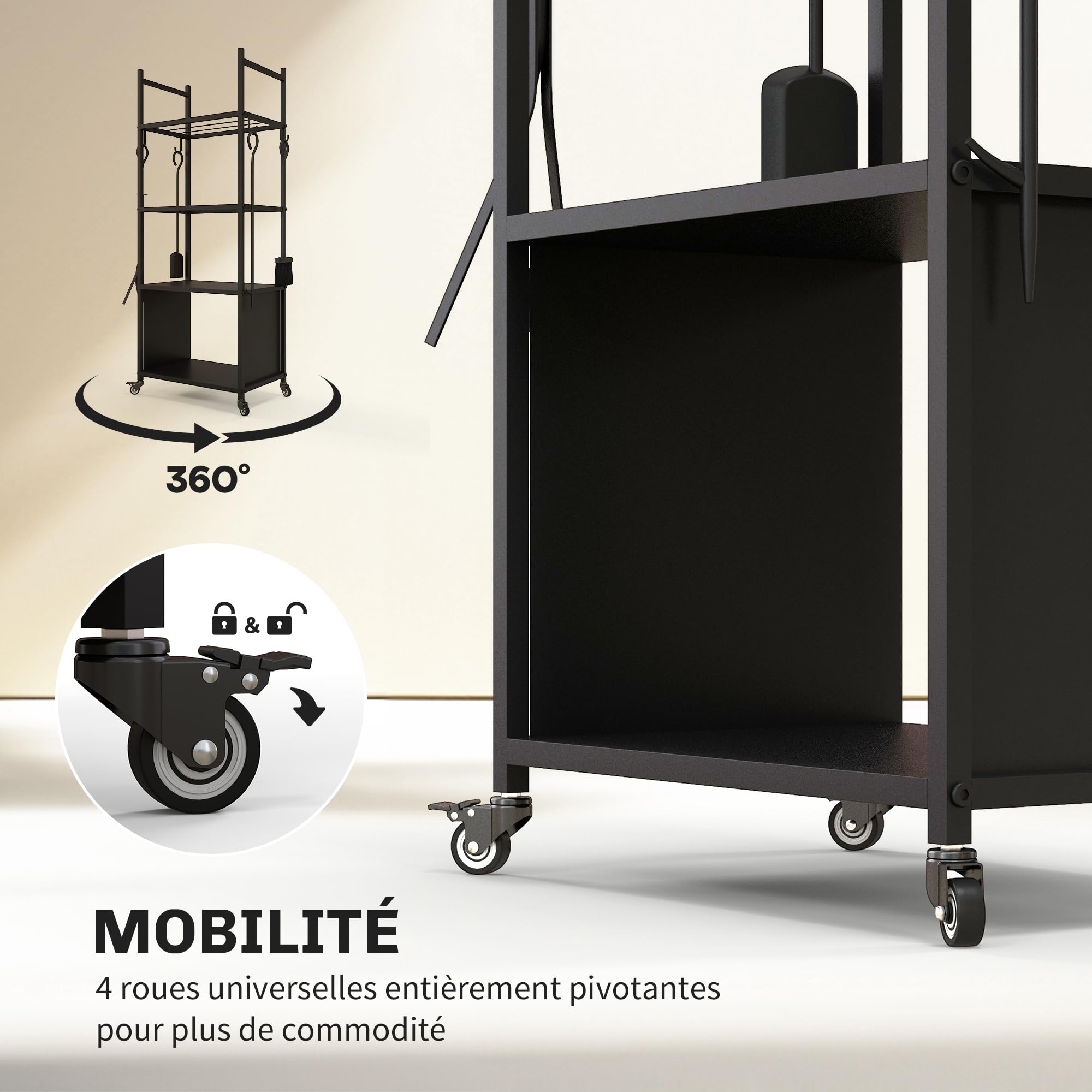 Outsunny Chariot range bûches intérieur, roulettes, métal 45x30x118cm Noir