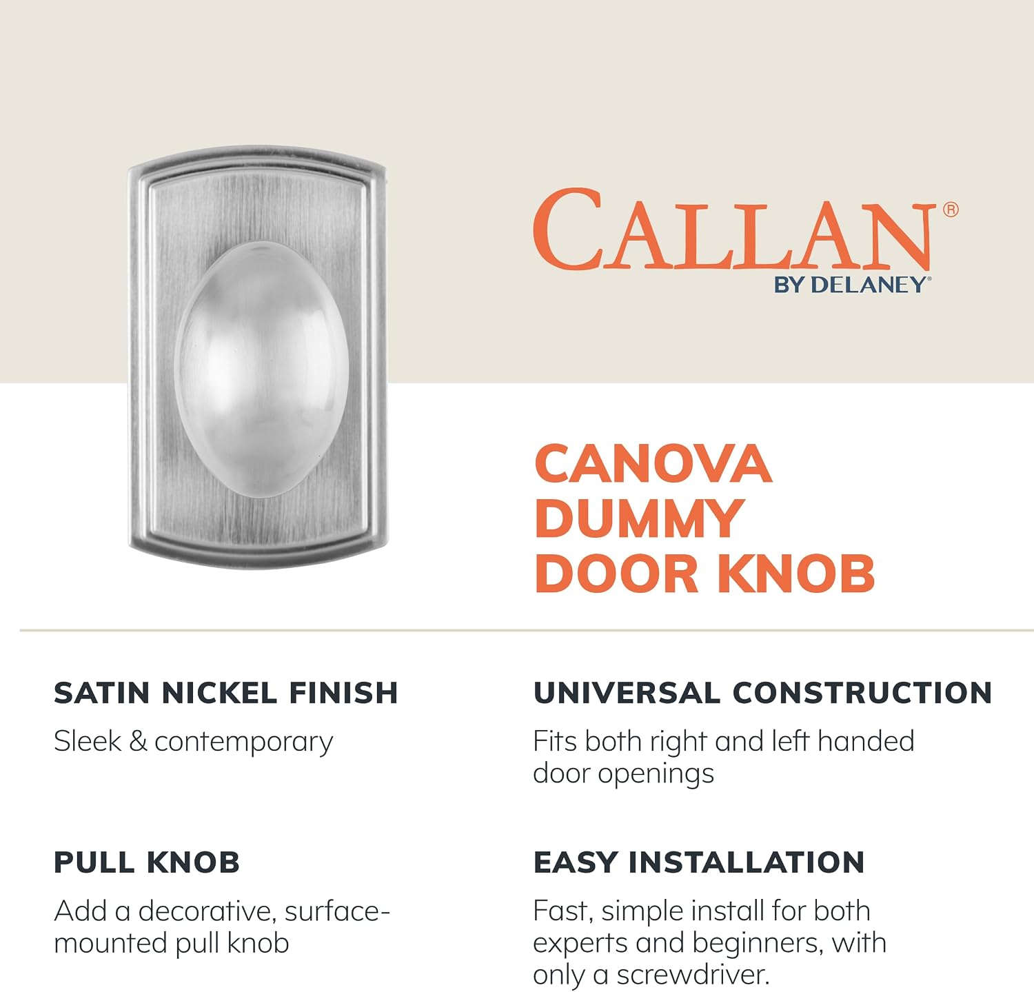 Delaney Callan Hardware Canova Passage Door Knob, Fits Doors 1-3/8 to 1-3/4 in. Thick, Satin Nickel – Reversible Left/Right-Handed Hallway, Closet Door Knob with Latch – Easy to Install