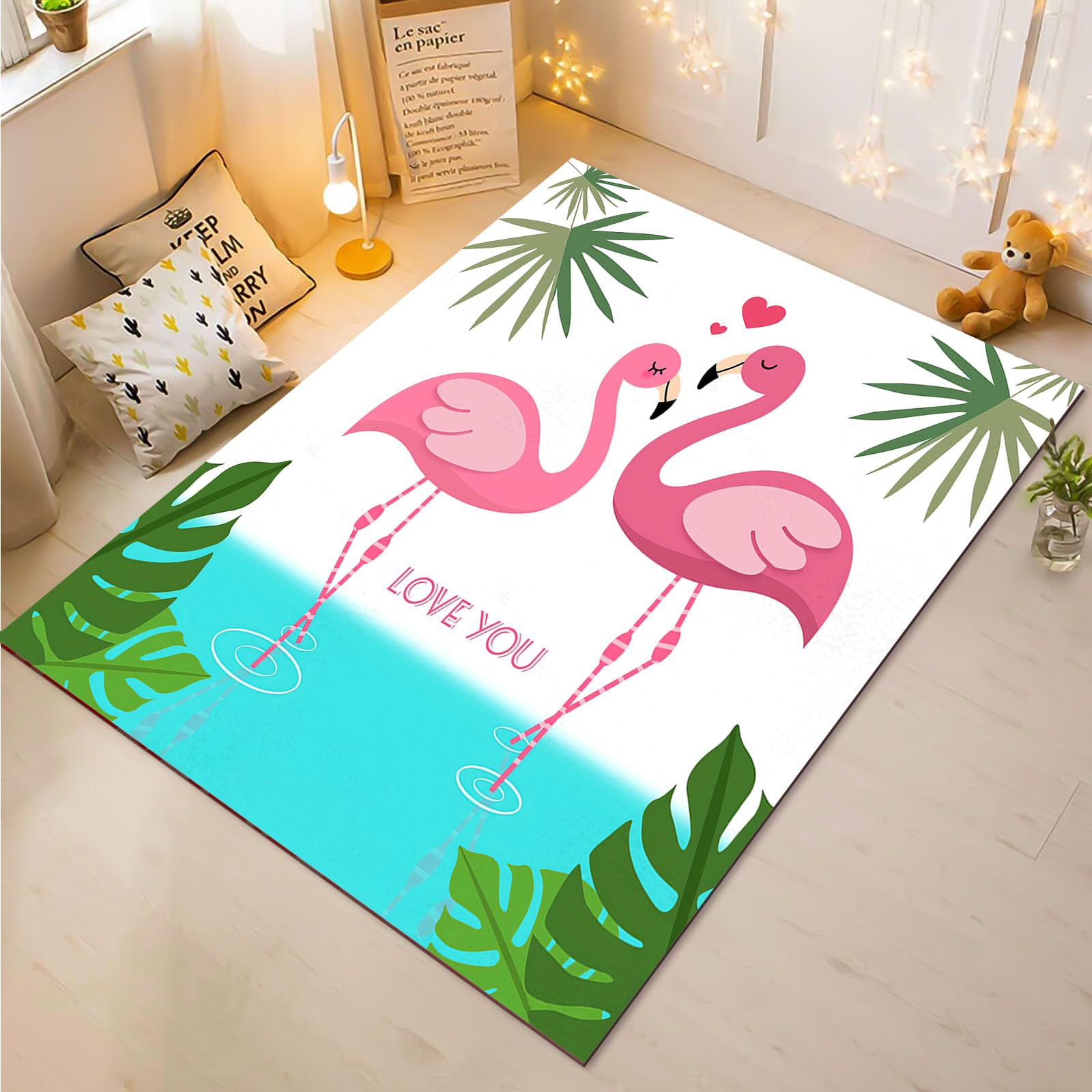 Tapis de salon flamant rose aux finitions soignées style tropical