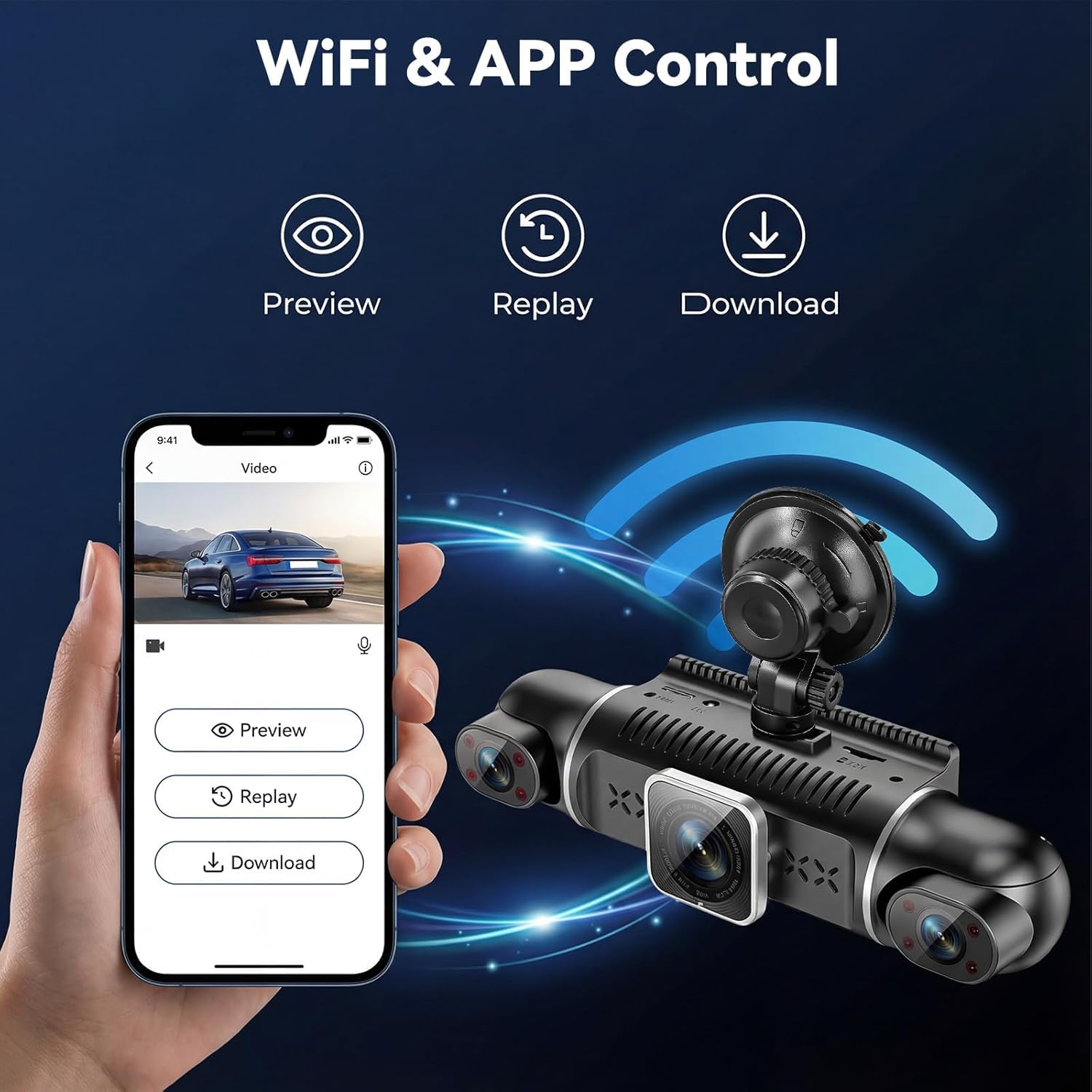Écran IPS 3" Dashcam Voiture 4 Caméras 360° | Caméra Avant 2K UHD + 3x1080P | Vision Nocturne 8 LED, Parking 24h/24, WiFi & App