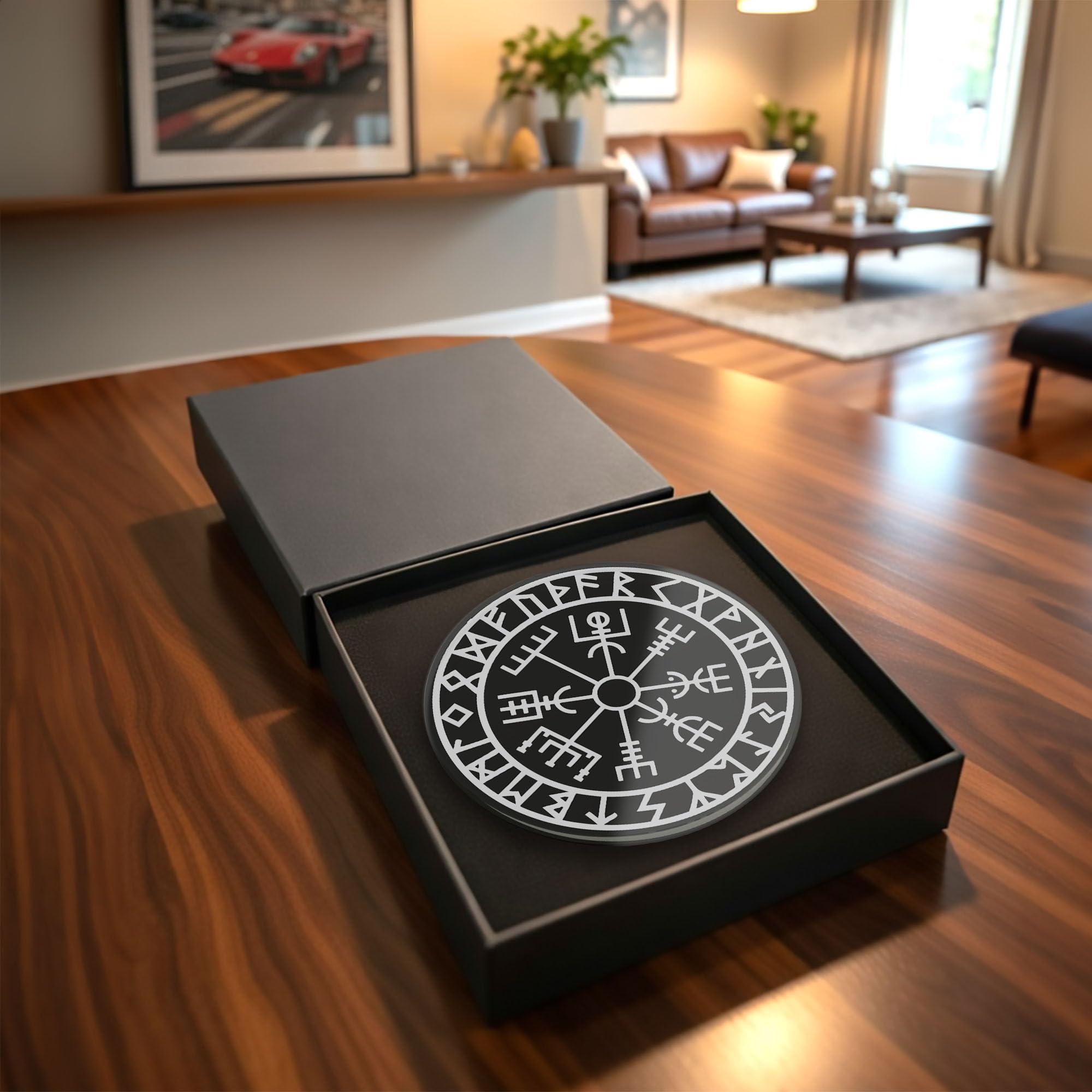 Viking Compass Glass Coaster Round Tempered Glass Vegvisir Norse Rune Symbol Nordic Mythology Gift Valhalla Style Home Bar Accessory (Gift Box Packaging)