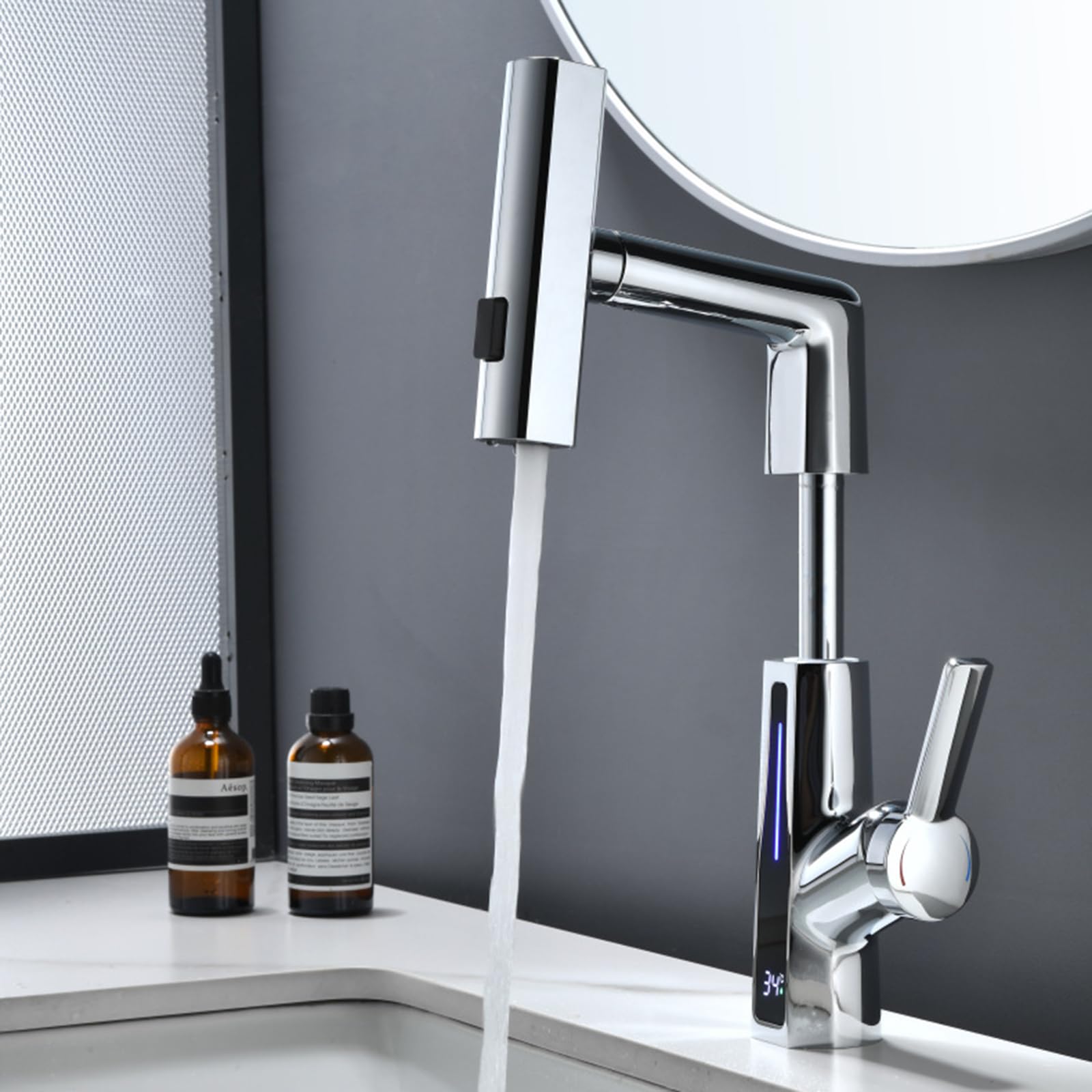 Generico Rubinetto da Bagno Rubinetto per Lavabo con Doccetta Estraibile Cascata Miscelatore per Lavabo Girevole 360° Miscelatore per Lavabo da Bagno con Display Digitale Grigio Canna di Fucile