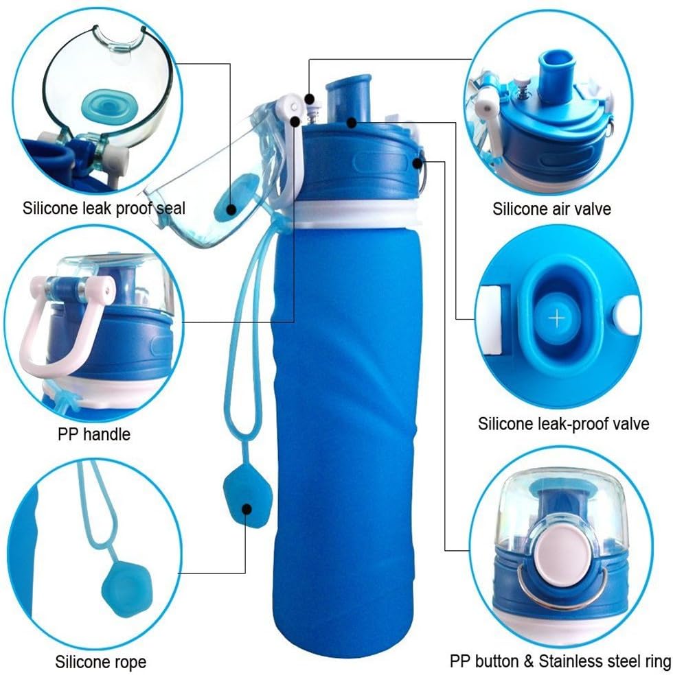 Collapsible Water Bottle 750ML/26 floz BPA Free Reusable Foldable Silicone Sports & Outdoor Water Bottles-Blue