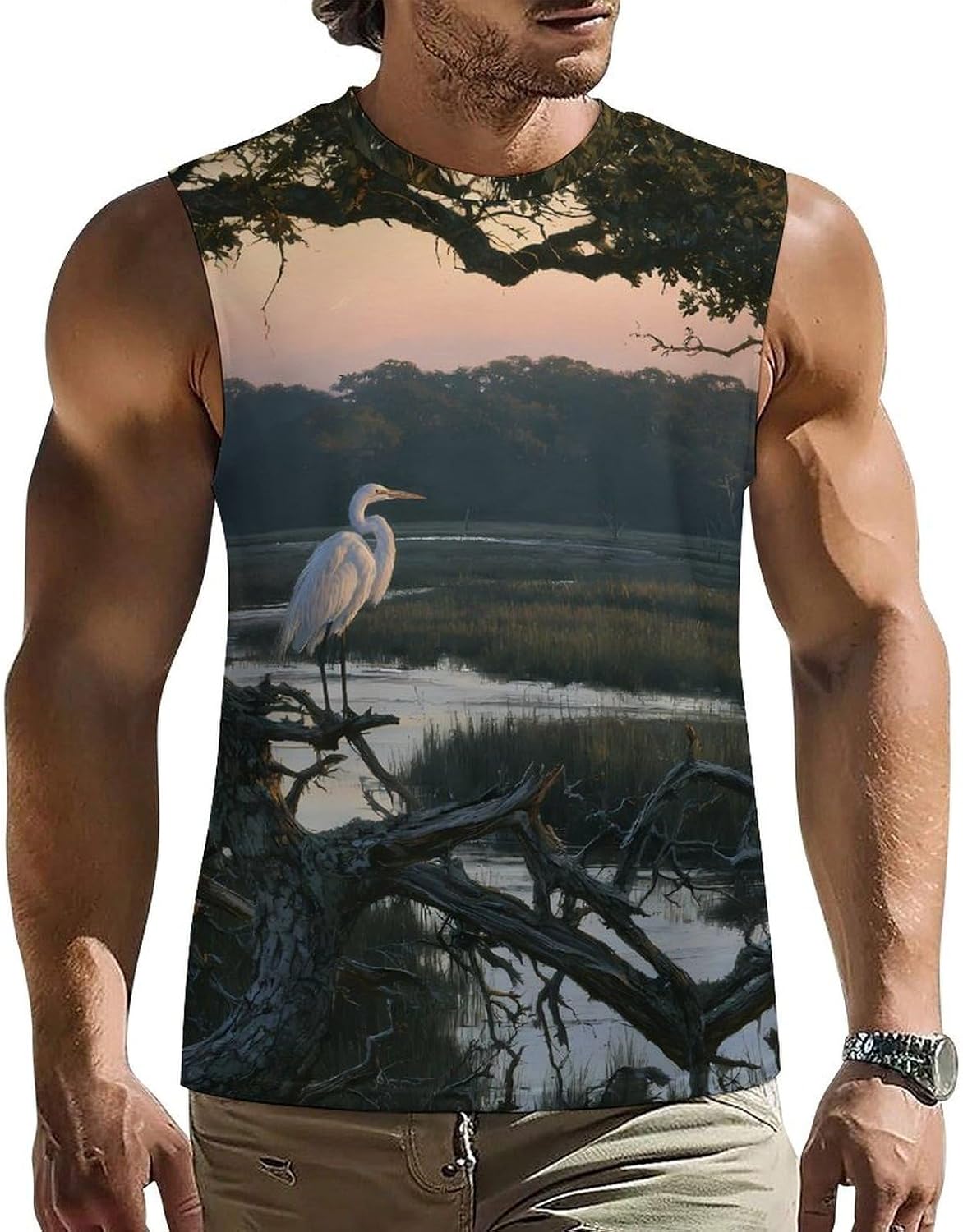 Egret Wetland Withered Tree Men's Sleeveless Shirt Small