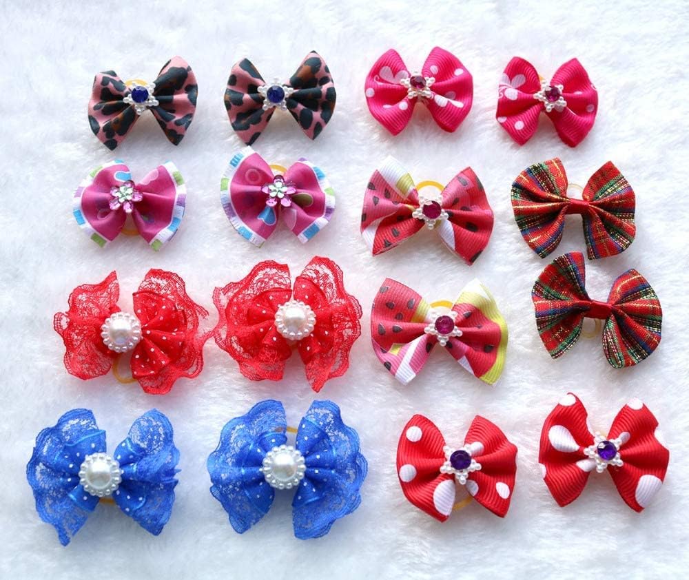 50pcs/Pack Cute Rhinestone Pearls Flowers Dog Hair Bows Mix Styles Grooming Accessories Mix Colors Rubber Bands