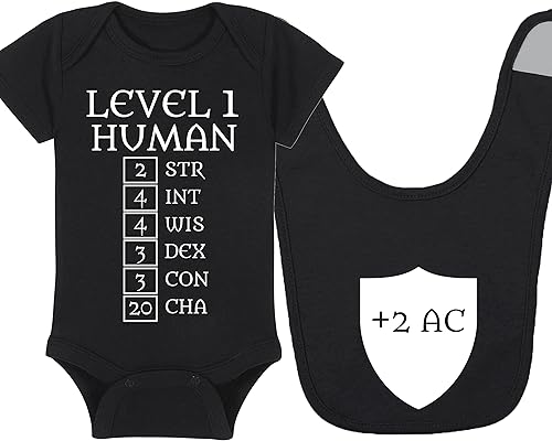 Miniatura 9 de Gaming Baby Onesie, Hat and Bib - Level 1 Human with Ability Scores - Helm +1 AC - Shield +2 AC (3-6 Month - Black Fabric - Gold Design)