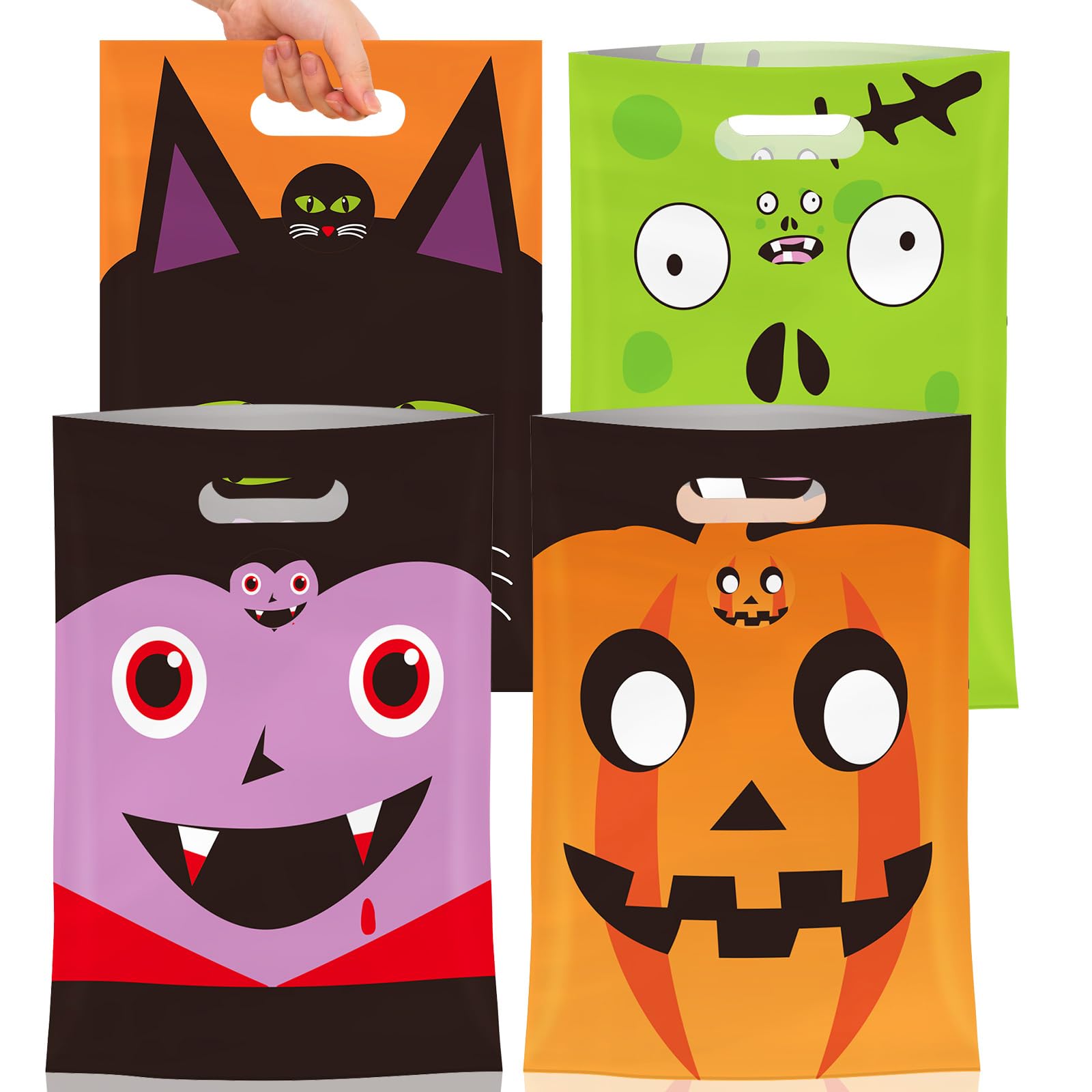50 Pcs Halloween Goodie Bags with Handles, Happy Halloween Treat Bag, Plastic Trick or Treat Pumpkin Gift Goody Candy Cookie Snack Party Favor Bags Bulk for Trick or Treating Helloween Party Supplies