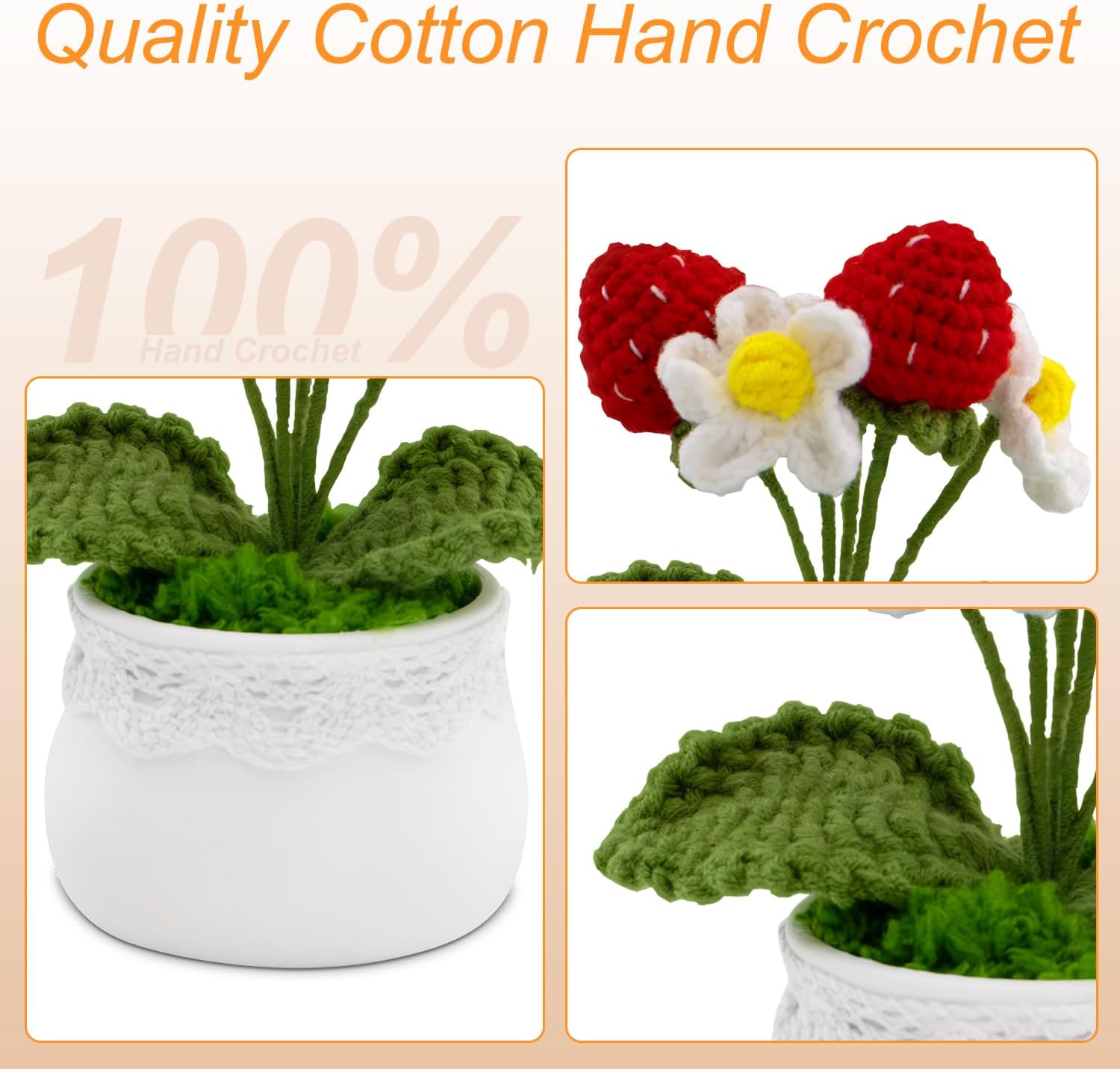 Generic Handmade Crochet Strawberries Bouquet Potted Plants, Knitted Artificial Forever Flowers with Exquisite Pot, Gift to Friends Mother Kids, Home Office Desk Cafe Decoration