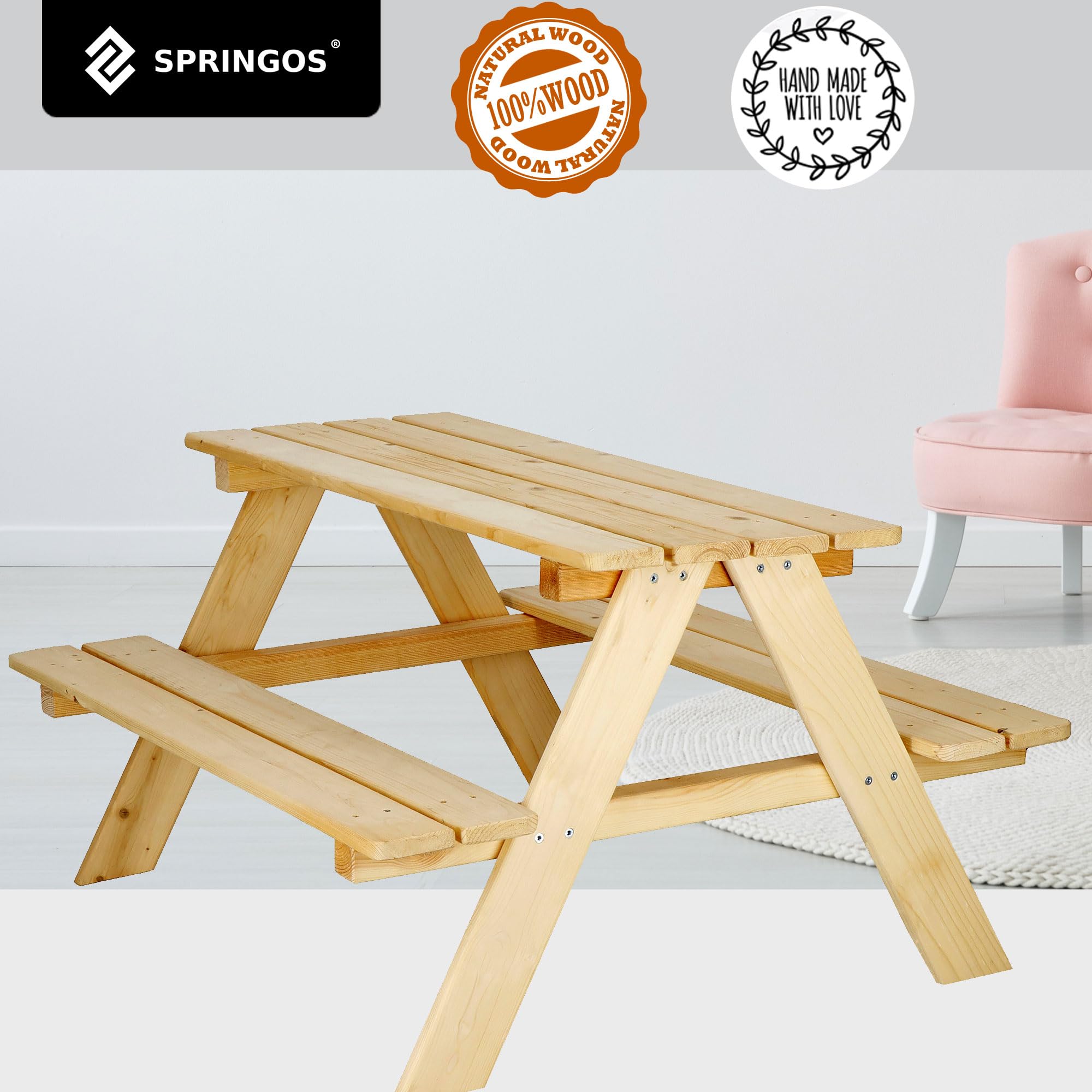 SPRINGOS Tavolo da giardino 2 in 1 Tavolo da picnic per bambini 90 x 79 x 50 cm in legno massiccio Panchina Picnic Tavolo da giardino