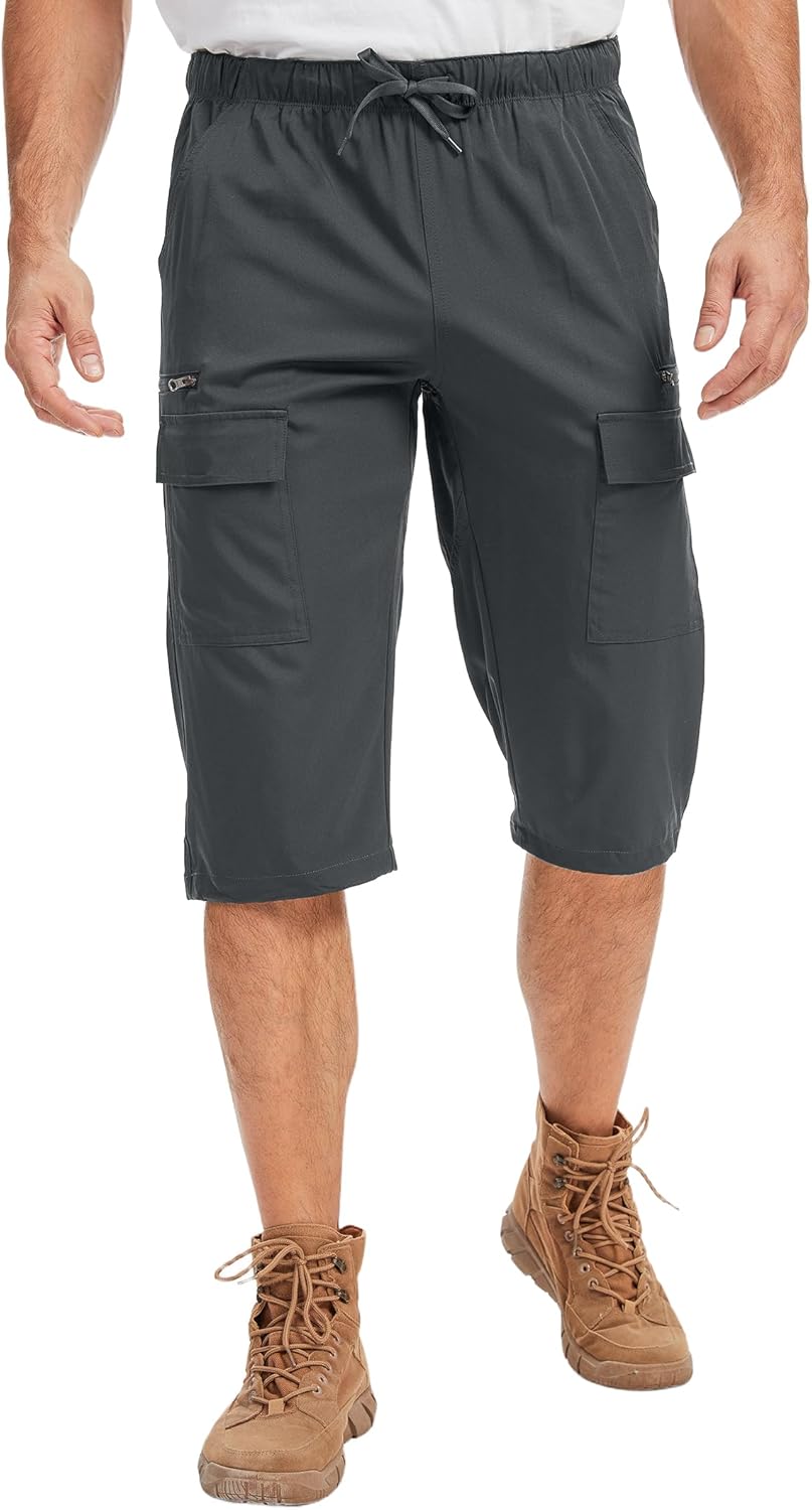 Long Cargo Shorts for Men Below Knee Length 3/4 Joggers Quick Dry Hiking Shorts Lightweight Casual Workout Capri Pants