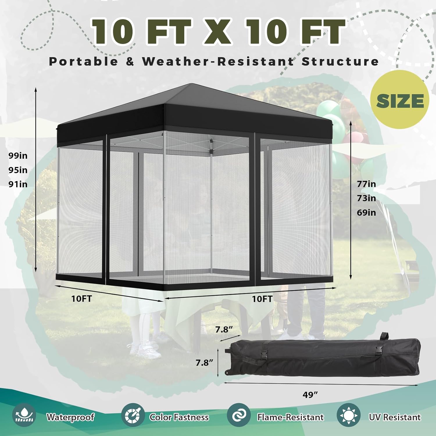 EROMMY 10'x10' Pop Up Canopy Tent with 4 Mesh Curtains, Portable Shelter Gazebo, Easy Outdoor Sun Shade for Events, Parties and Camping (Black)