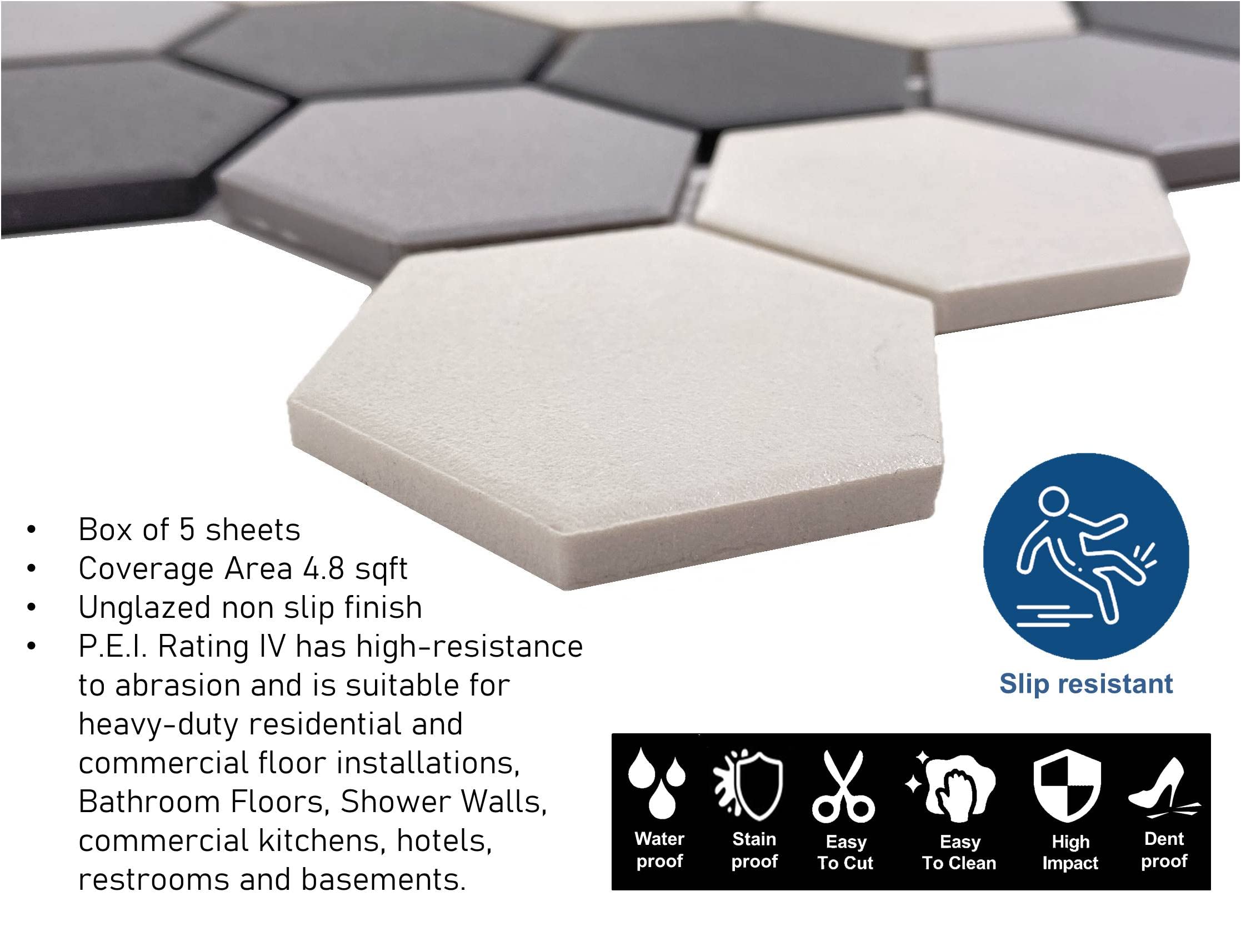 Tenedos TDPW-UNMGH2-408 Light Mix Gray Porcelain 2 Inch Hexagon Unglazed Finish Mosaic Tile for Bathroom Floors, Walls, Kitchen Backsplash and Pool - 5 Sheets