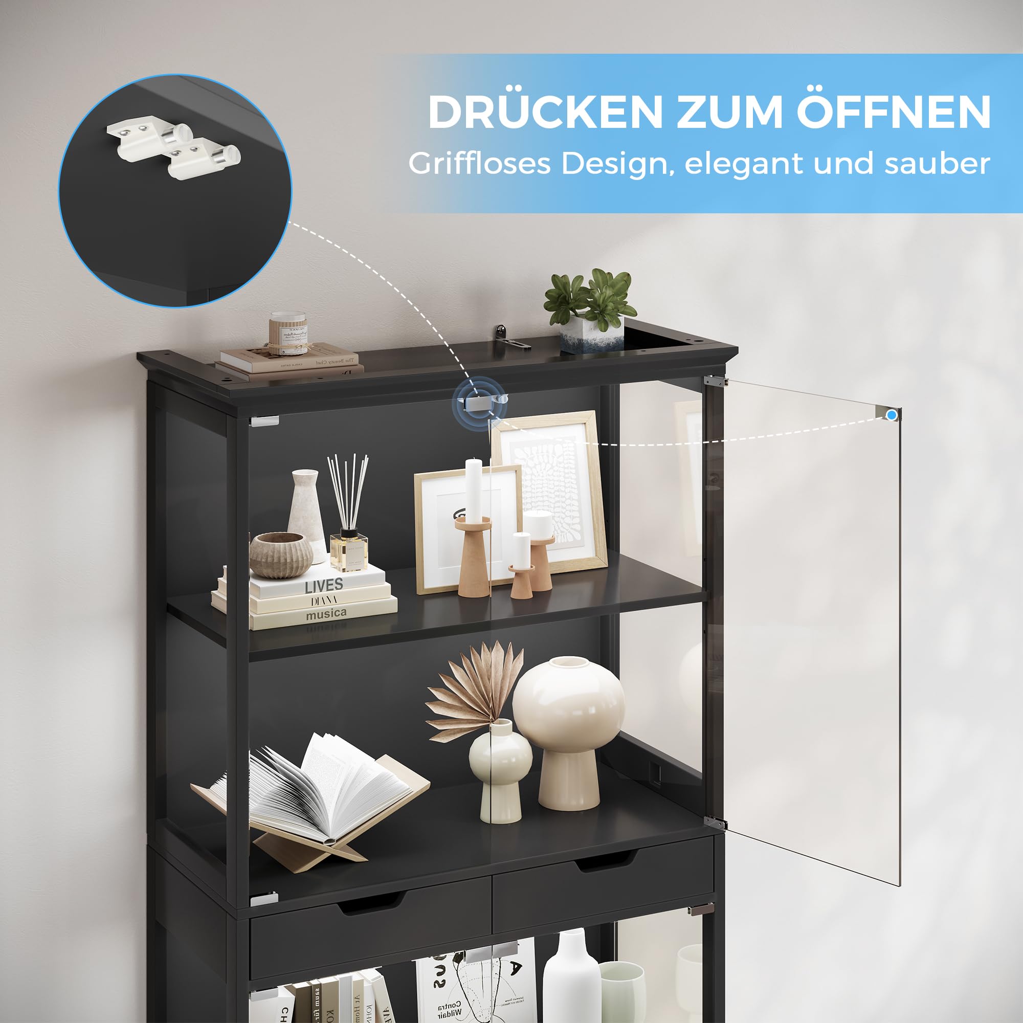 Jocoevol Vitrine mit Glastüren, 174cm Hoch Vitrinenschrank, 4-Lagen Glasvitrine Stehend mit RGB LED Beleuchtung & APP, Sensor, 2 Schubladen, Sammlervitrine für Wohnzimmer, Schwarz