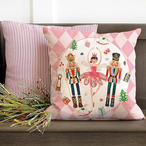 Miniatura 4 de Juego de 4 fundas de almohada rosas de 18 x 18 pulgadas para decoración navideña de cascanueces de color rosa claro para sofá, sofá y muebles de