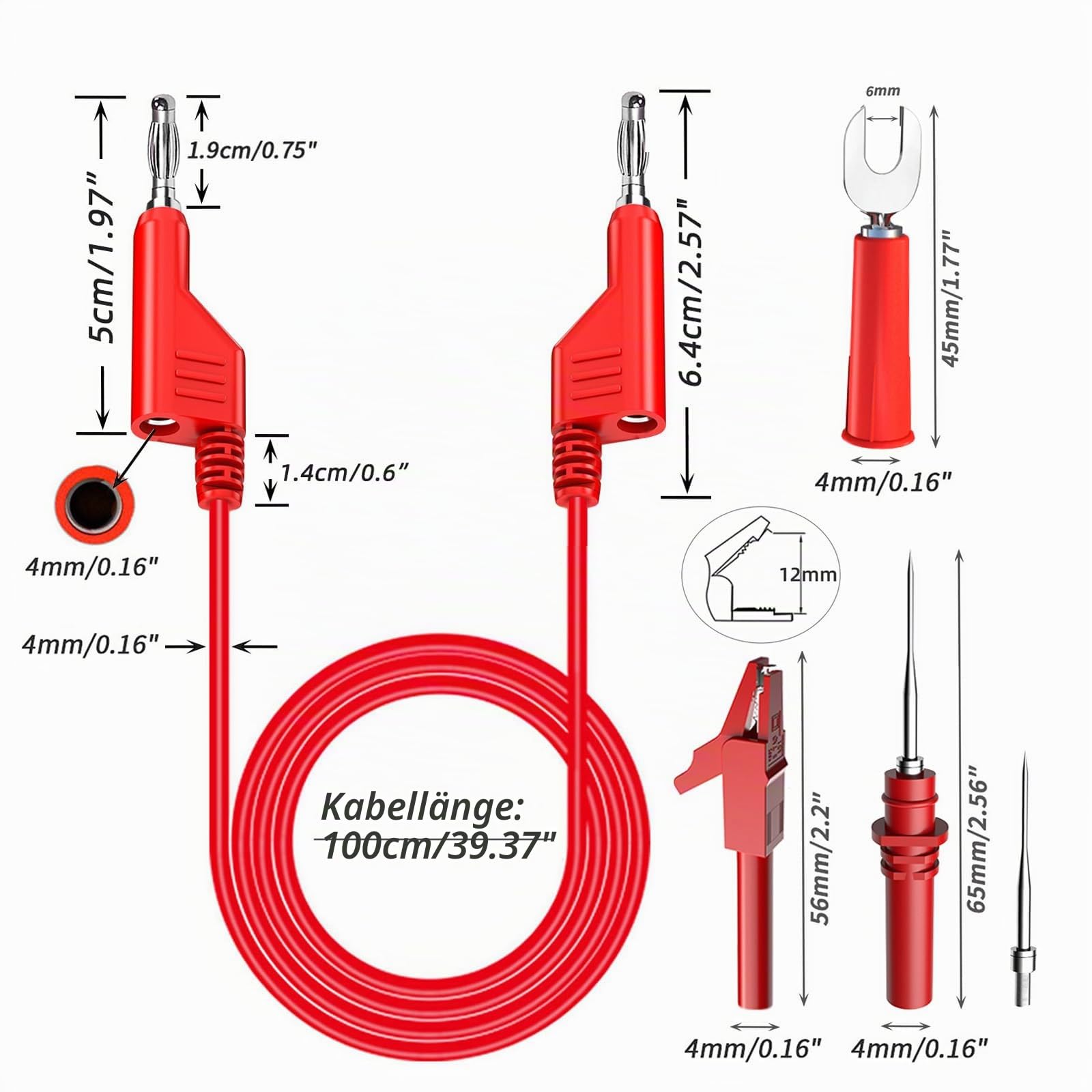 30 Stück Bananenmultimeter-Prüfkabel-Set Stapelbares 4mm Bananenstecker-Prüfkabel mit isolierten Krokodilklemmen, Kabelschuhen, rückseitigen Prüfstiften und 10 auswechselbaren Nadeln