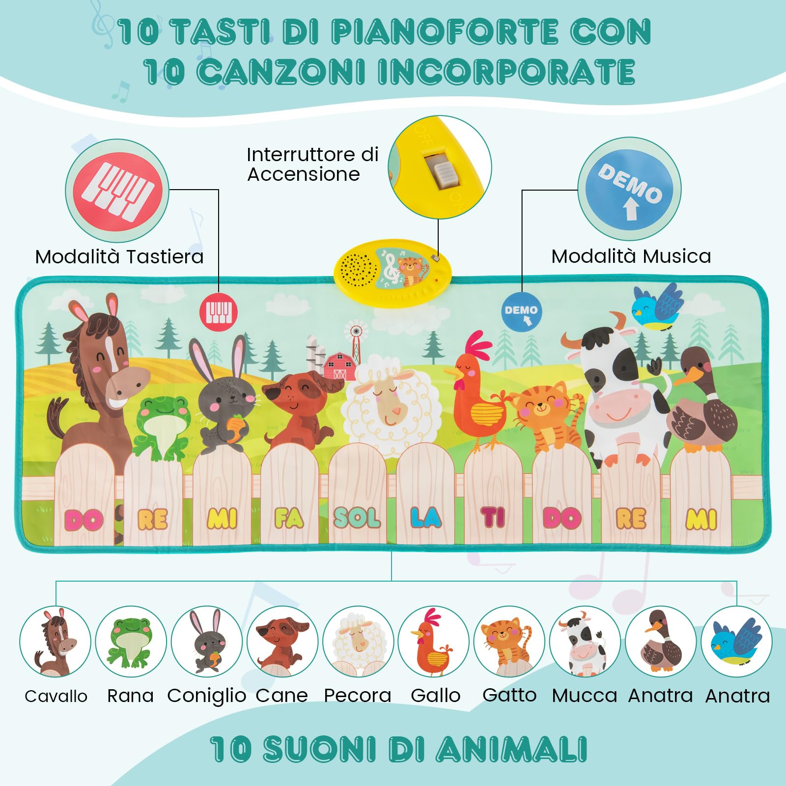COSTWAY Tappeto Musicale, Tappetino per Pianoforte con 10 Animali, 10 Tasti e 10 Canzoni, Giochi Bambini 1 Anno, Regalo per Ragazzi