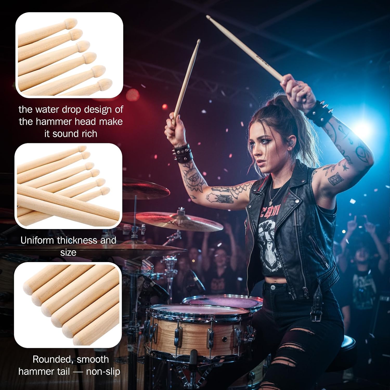 10 Pairs 7a Drum Sticks Bulk, Classic Maple Wood Tip Drumsticks for Kids Beginners Students, Band Musical Instrument Percussion Accessories, Consistent Weight and Pitch image 4