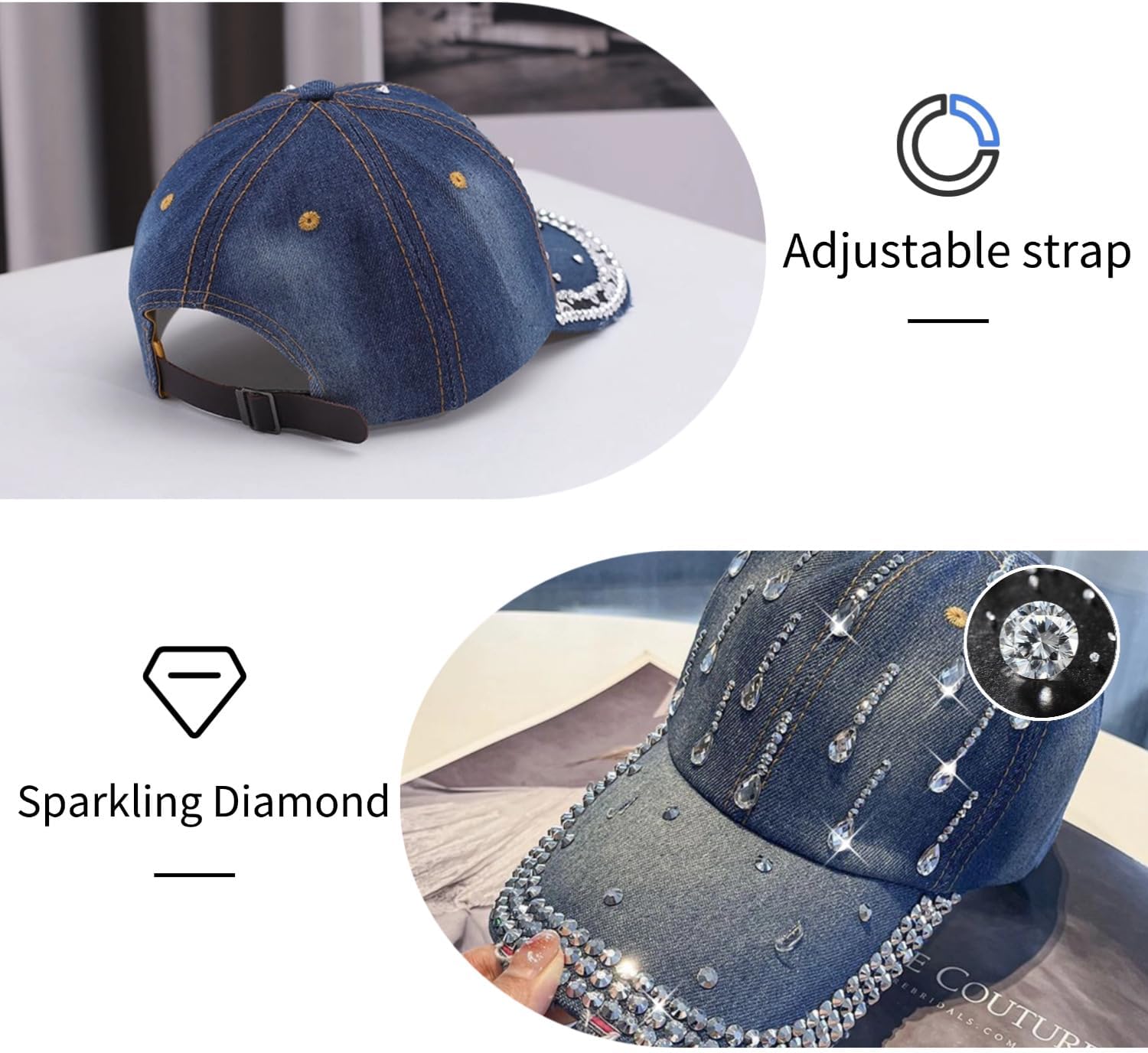 Bling Denim Baseball Cap for Women Jean Hip Hop Rhinestone Hat Jersey Shore Hat Adjustable - Image 7