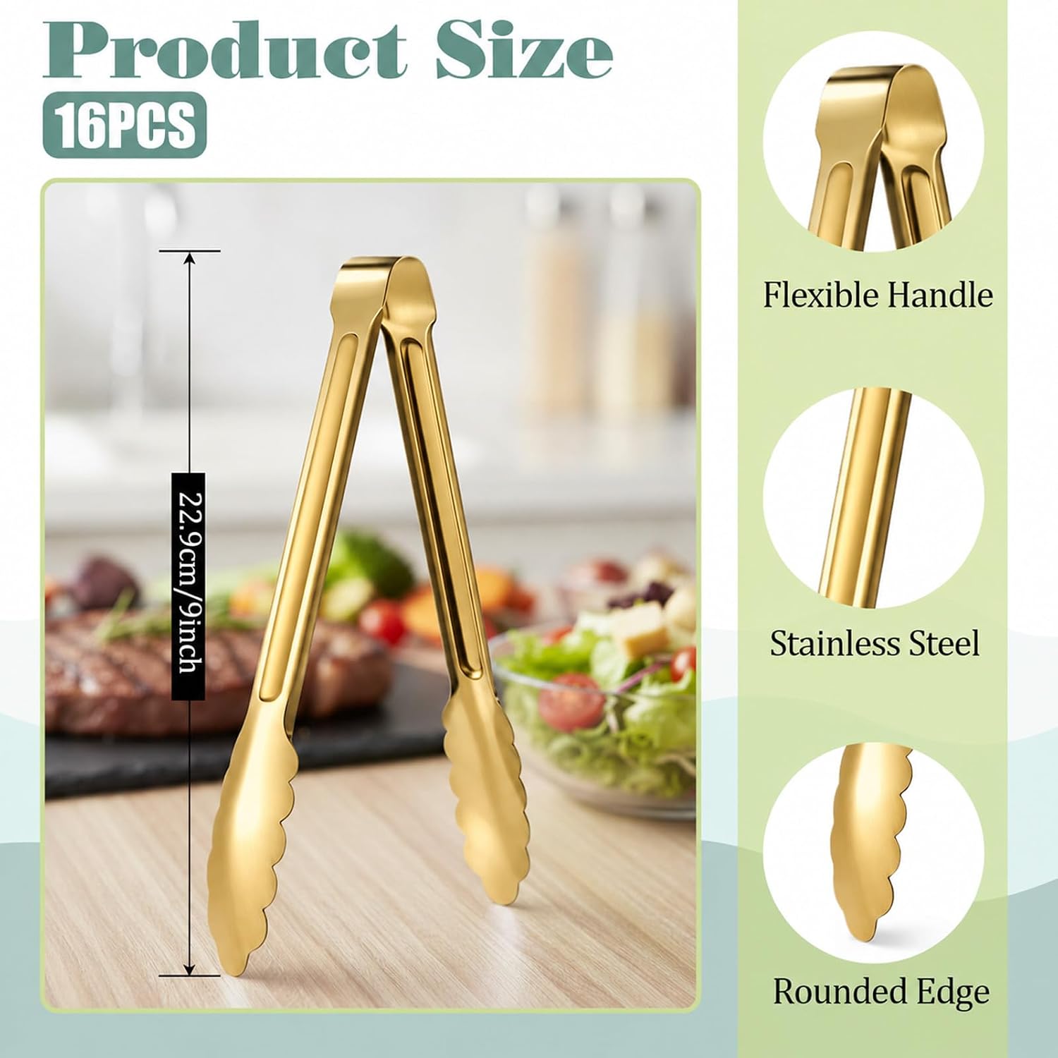 16 Pack Serving Tongs for Buffet, 9'' Stainless Steel Buffet Tongs Heavy Duty Metal Kitchen Tong Silver Food Tong for Serving Cooking Food Grill Salad BBQ(Gold)