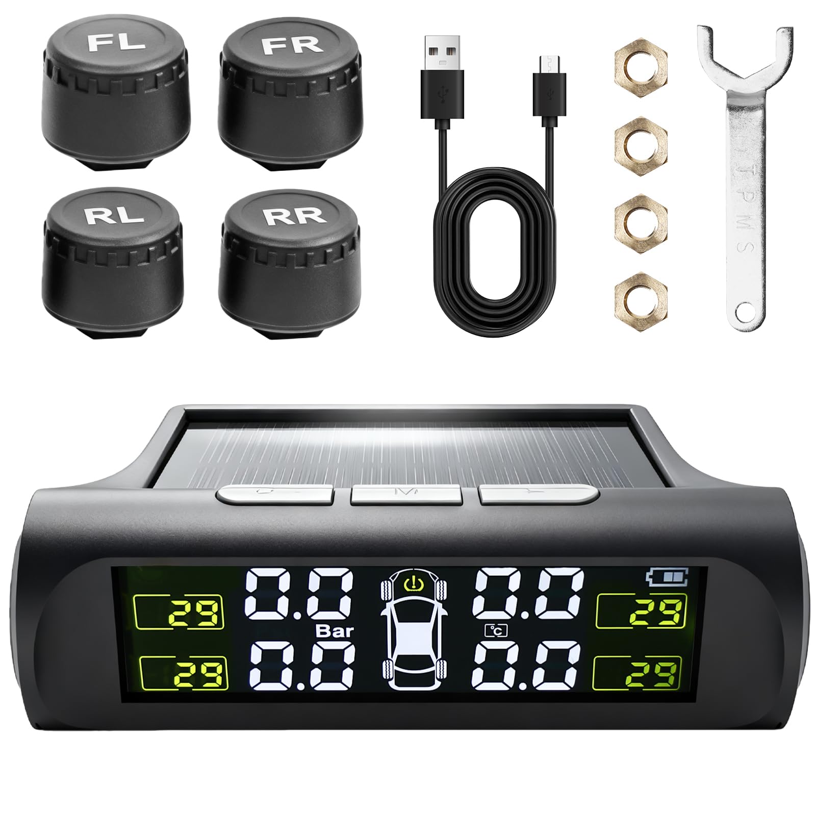 Sistema di controllo della pressione degli pneumatici solare TPMS: IPX7, impermeabile, monitoraggio della pressione degli pneumatici ad alta precisione con 4 sensori digitali di pressione