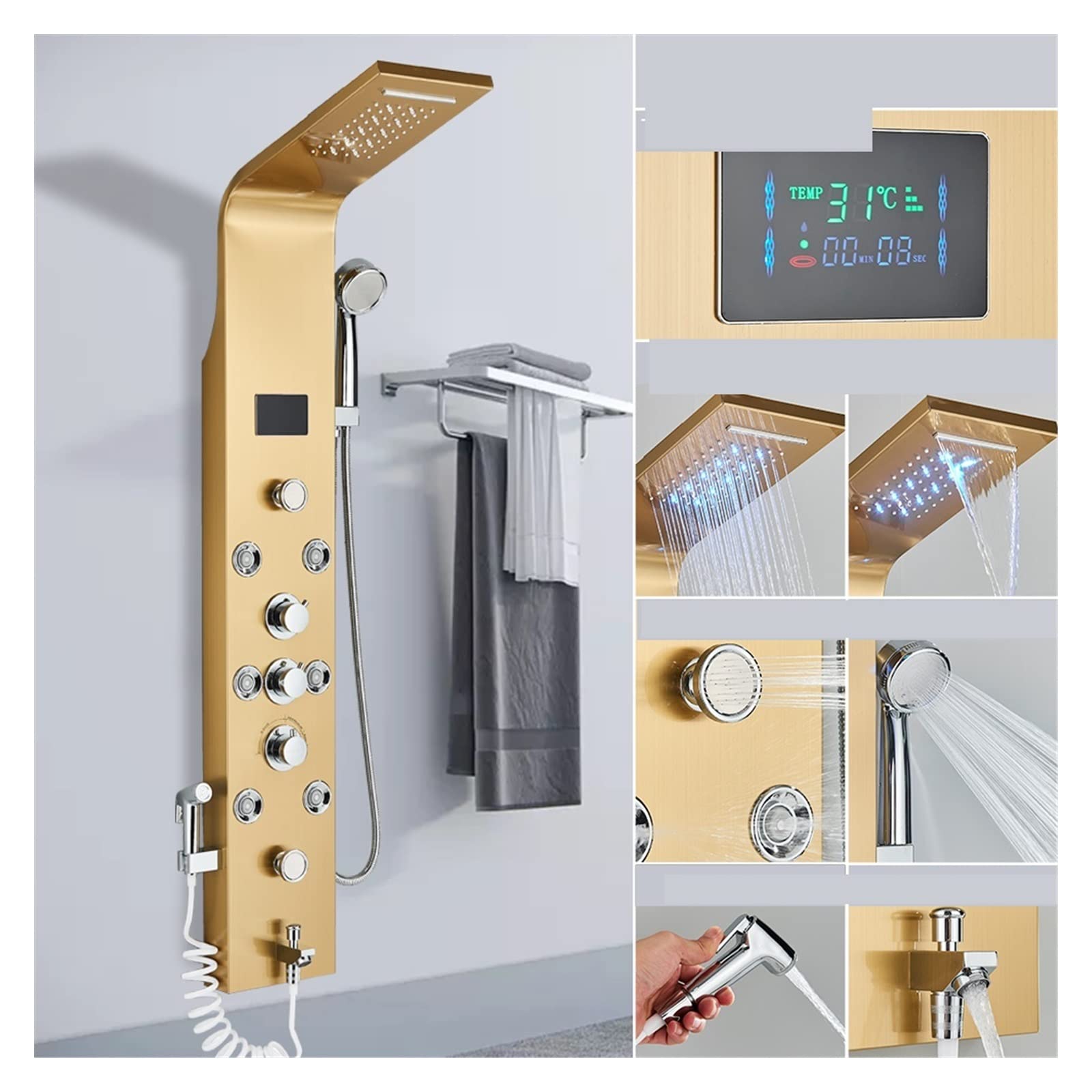 Soywim 8009 Gold Shower System, Black Led Light Shower Faucet Bathroom Spa Massage Jet Column System Waterfall Rain Panel Bidet Sprayer Tap(8009 Gold)